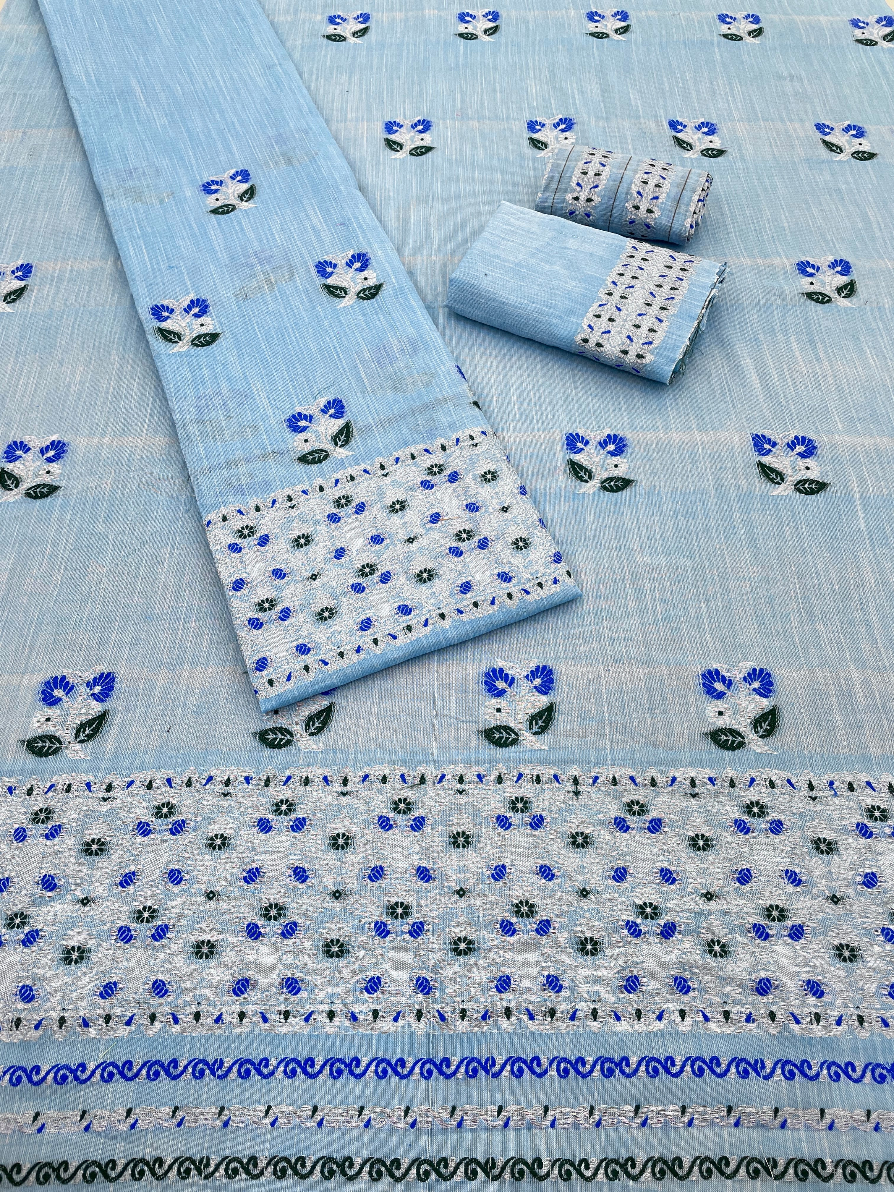 Buwa Cotton Kesapatt Mekhela Chador Set – Light Blue Assamese Woven Traditional Wear with Running Blouse