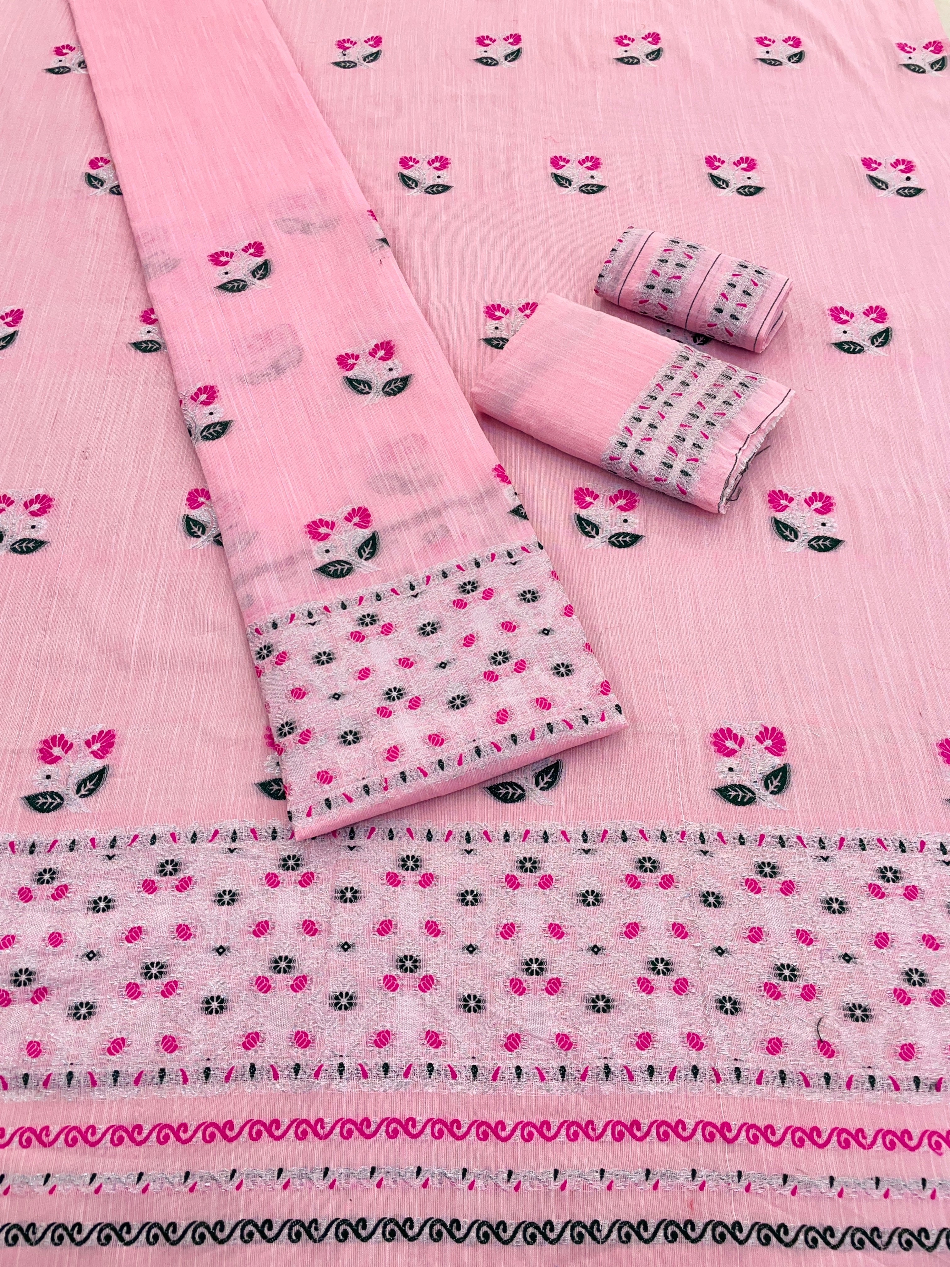 Buwa Cotton Kesapatt Mekhela Chador Set – Light Blue Assamese Woven Traditional Wear with Running Blouse