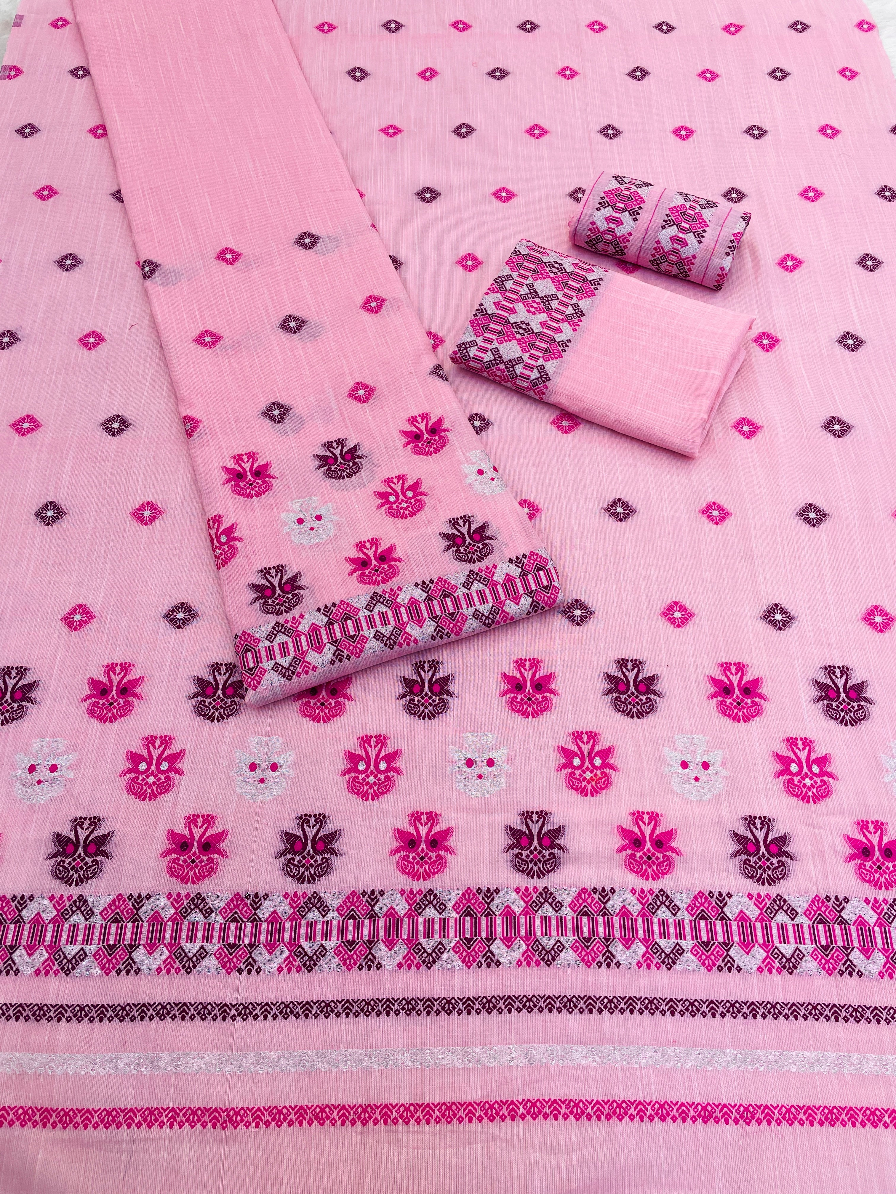 Buwa Cotton Kesapatt Mekhela Chador Set – Light Pink Assamese Woven Set with Running Blouse