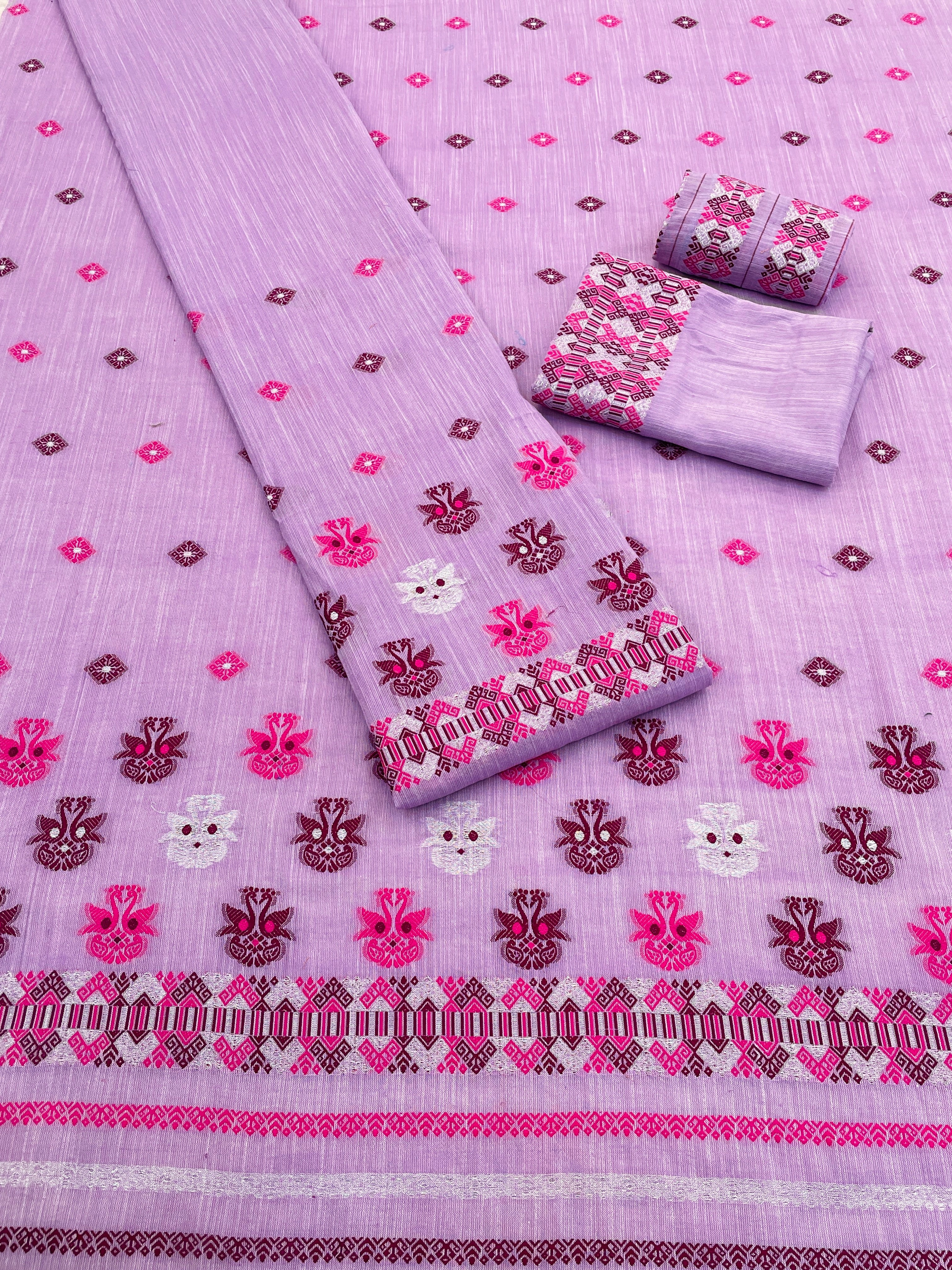 Buwa Cotton Kesapatt Mekhela Chador Set – Light Pink Assamese Woven Set with Running Blouse