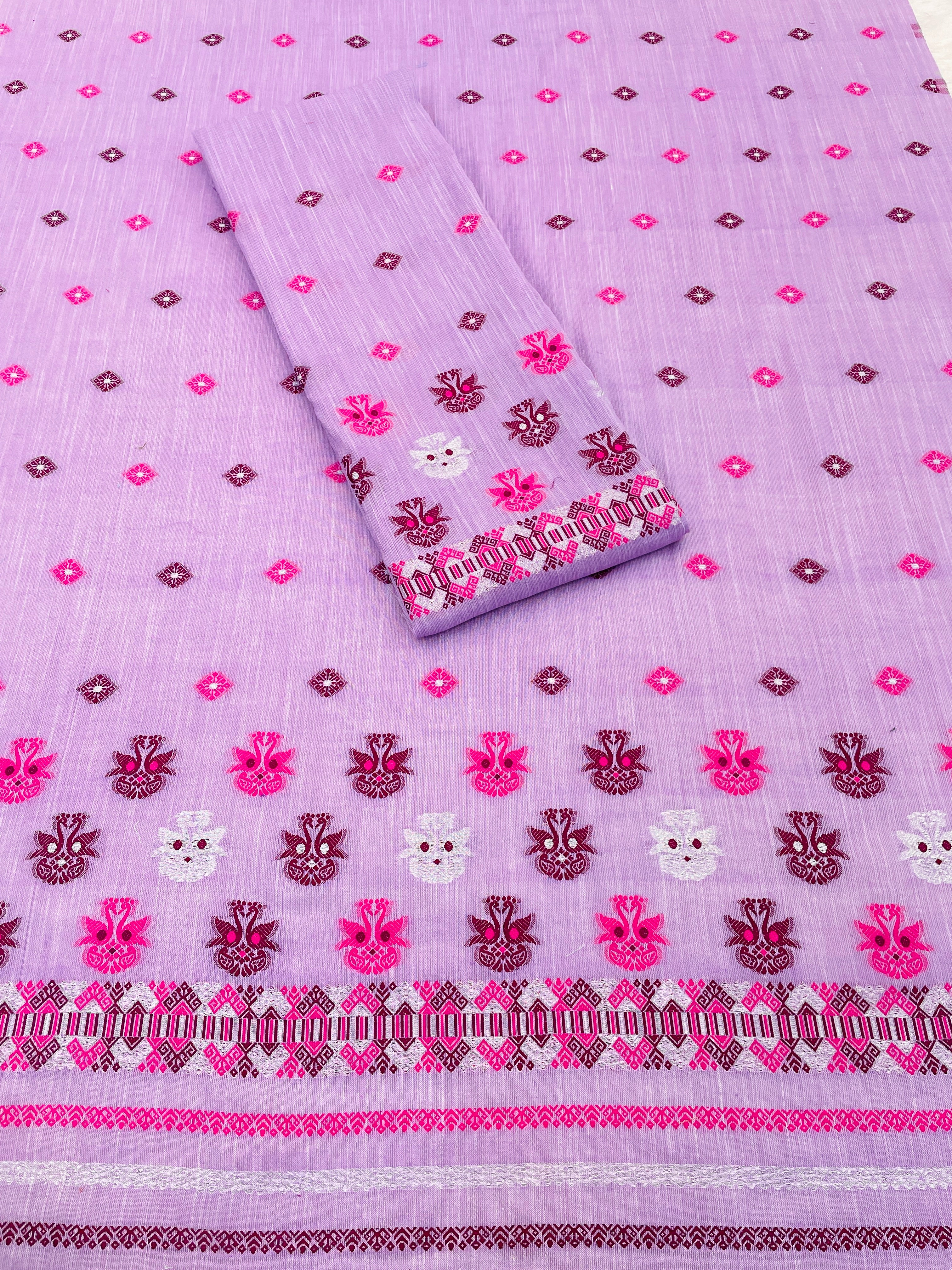 Buwa Cotton Kesapatt Mekhela Chador Set – Light Pink Assamese Woven Set with Running Blouse