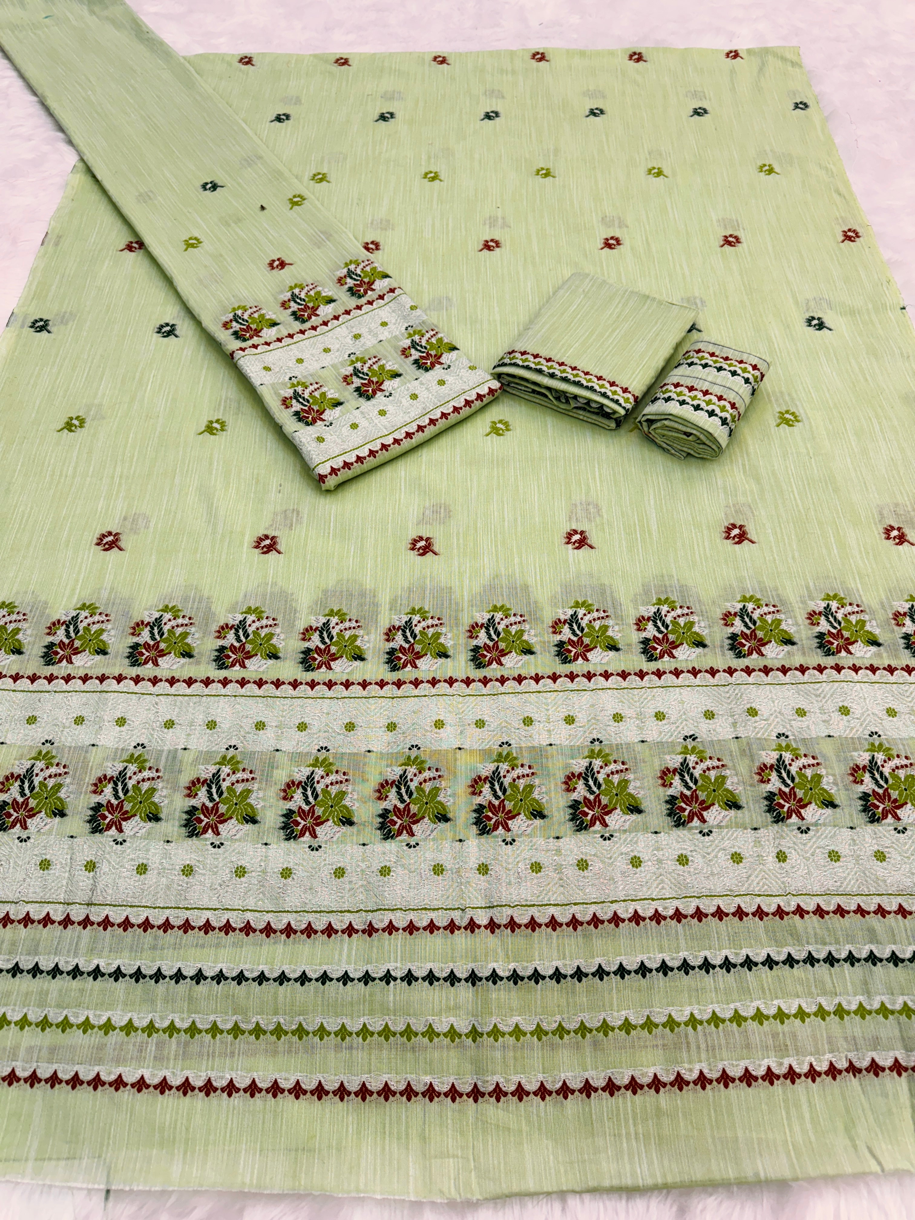 Buwa Cotton Kesapatt Mekhela Chador Set – Pink Assamese Traditional Wear with Woven Floral Design & Running Blouse