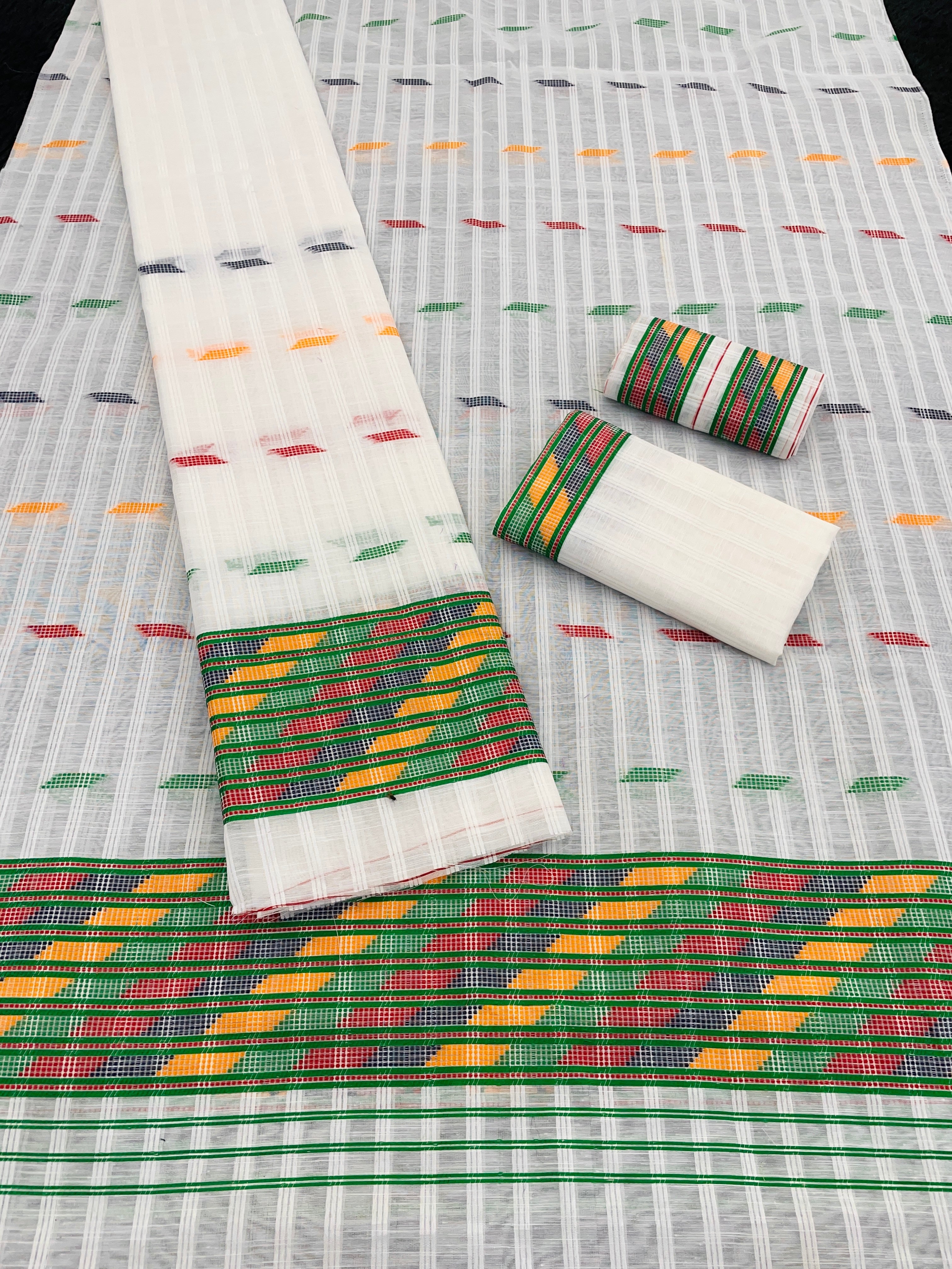 Kesapatt Cotton Slub Mekhela Chador Set – Multicolor Stripe & Gari Diya Work