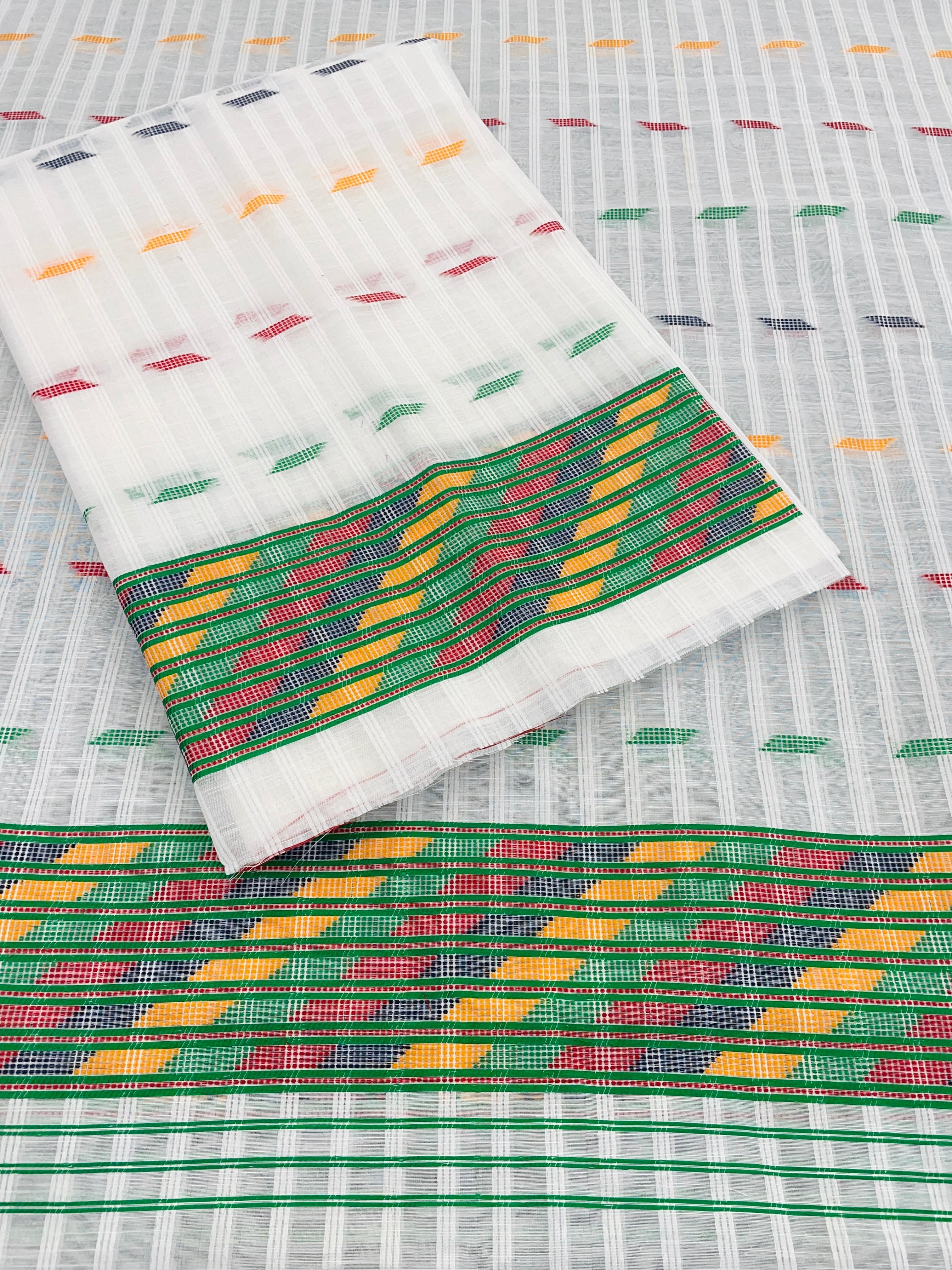 Kesapatt Cotton Slub Mekhela Chador Set – Multicolor Stripe & Gari Diya Work