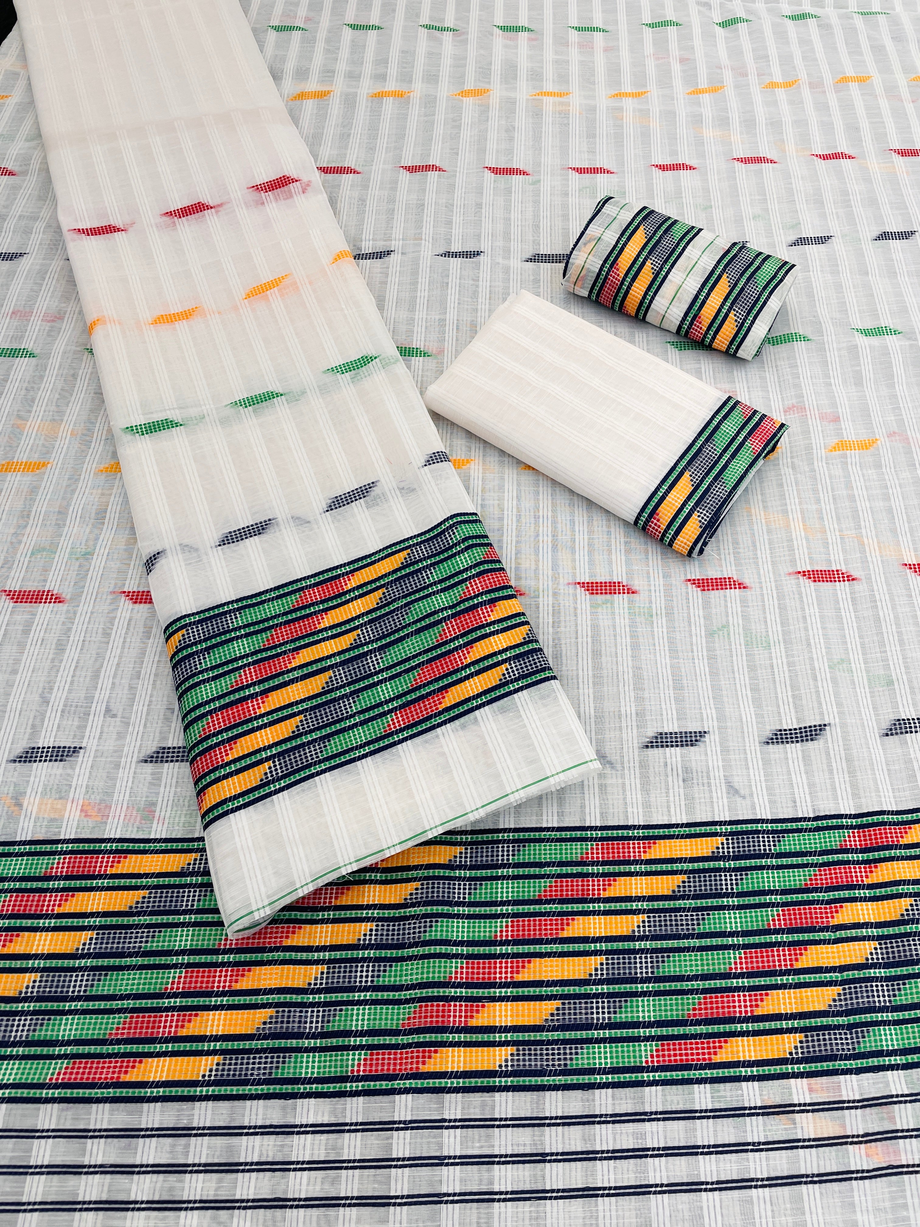 Kesapatt Cotton Slub Mekhela Chador Set – Multicolor Stripe & Gari Diya Work