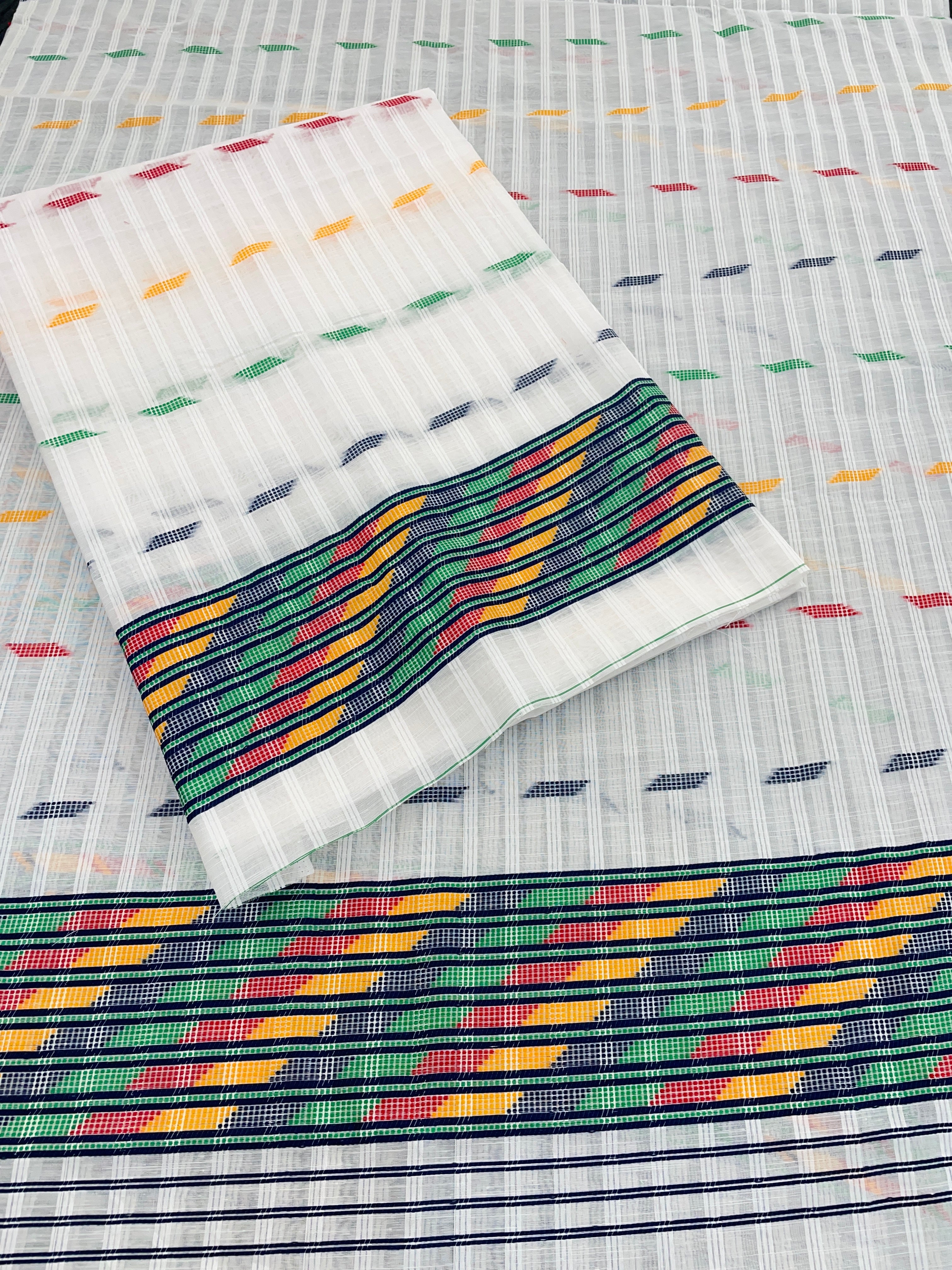 Kesapatt Cotton Slub Mekhela Chador Set – Multicolor Stripe & Gari Diya Work