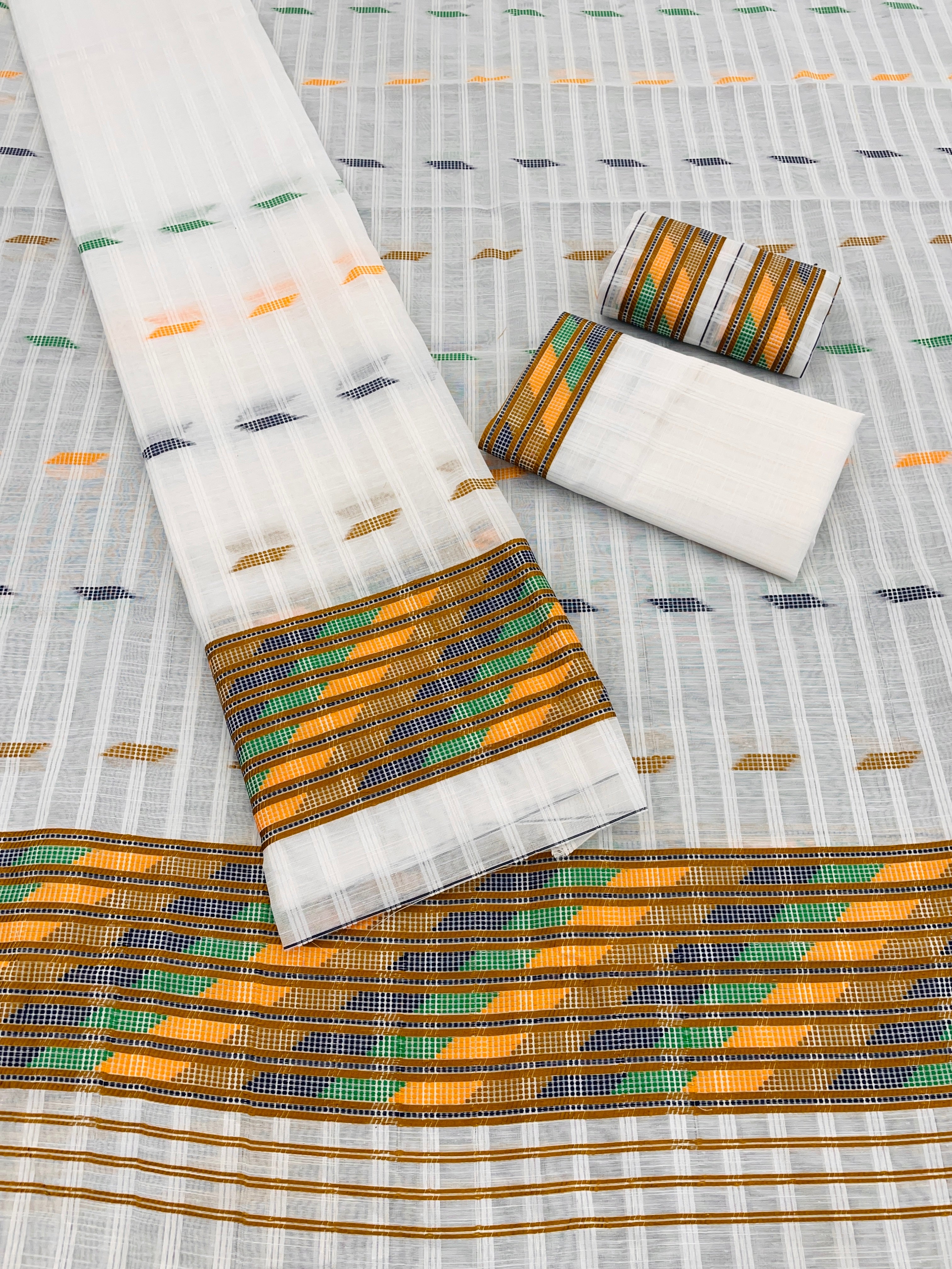 Kesapatt Cotton Slub Mekhela Chador Set – Multicolor Stripe & Gari Diya Work