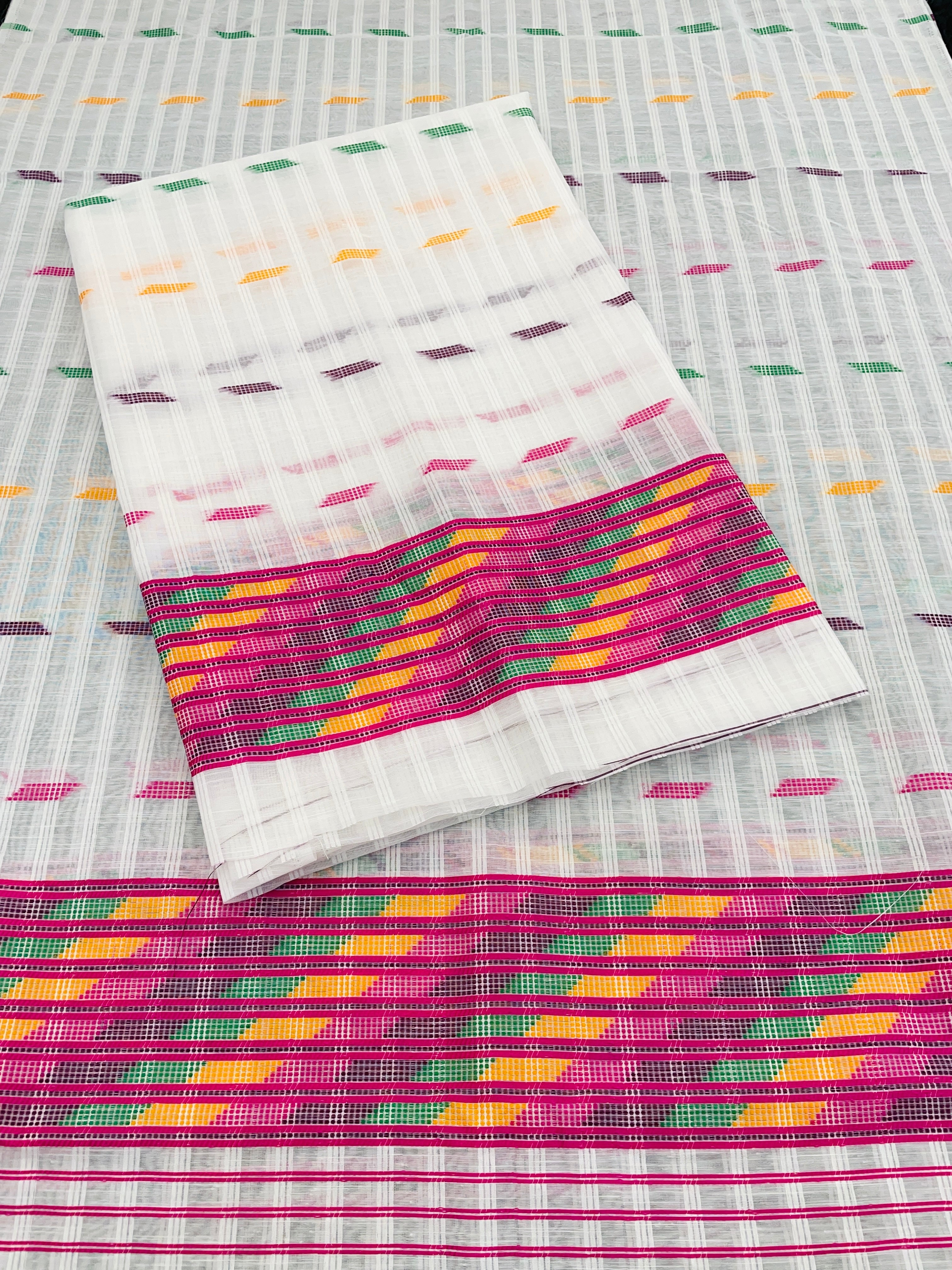 Kesapatt Cotton Slub Mekhela Chador Set – Multicolor Stripe & Gari Diya Work