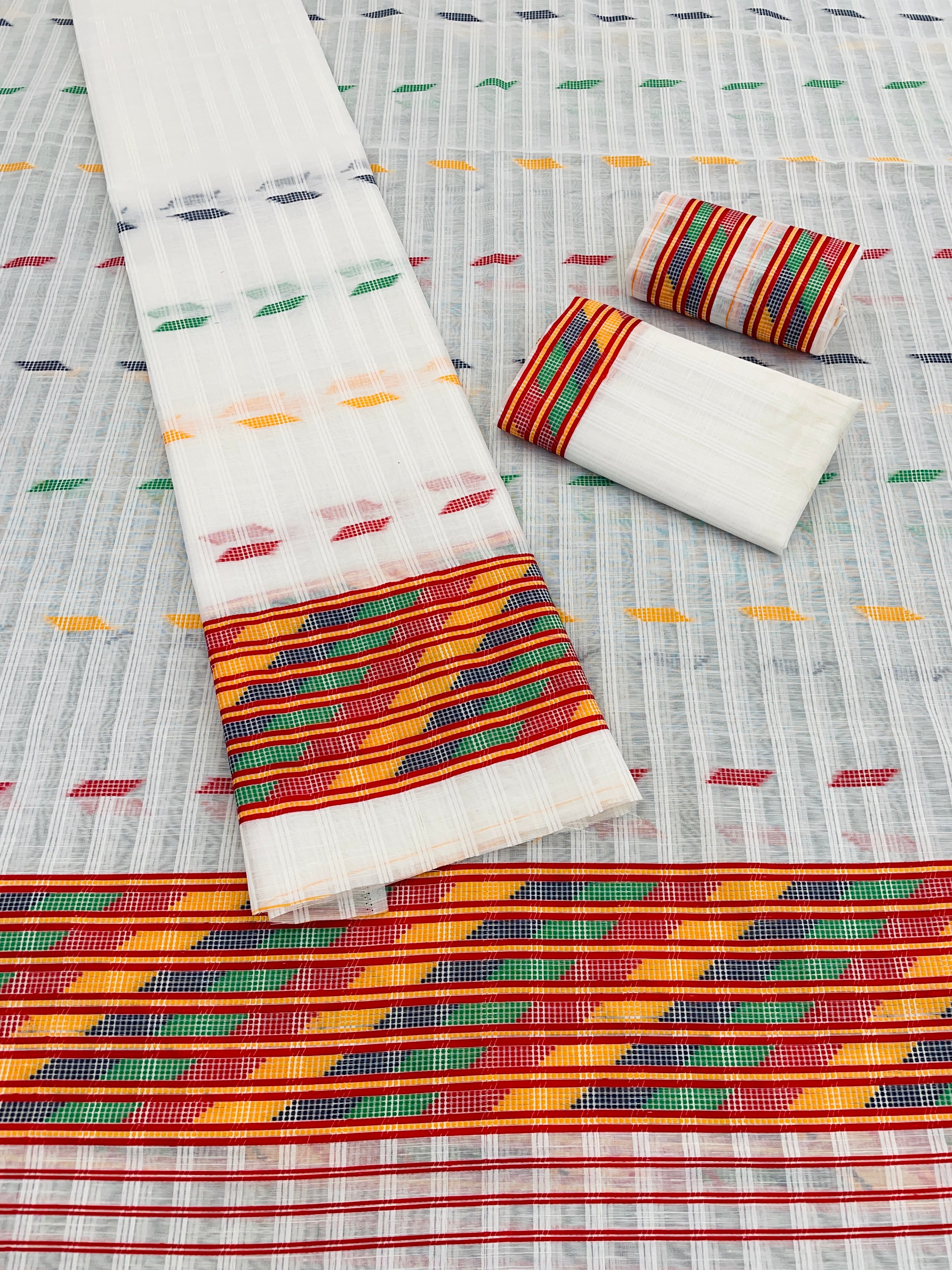 Kesapatt Cotton Slub Mekhela Chador Set – Multicolor Stripe & Gari Diya Work