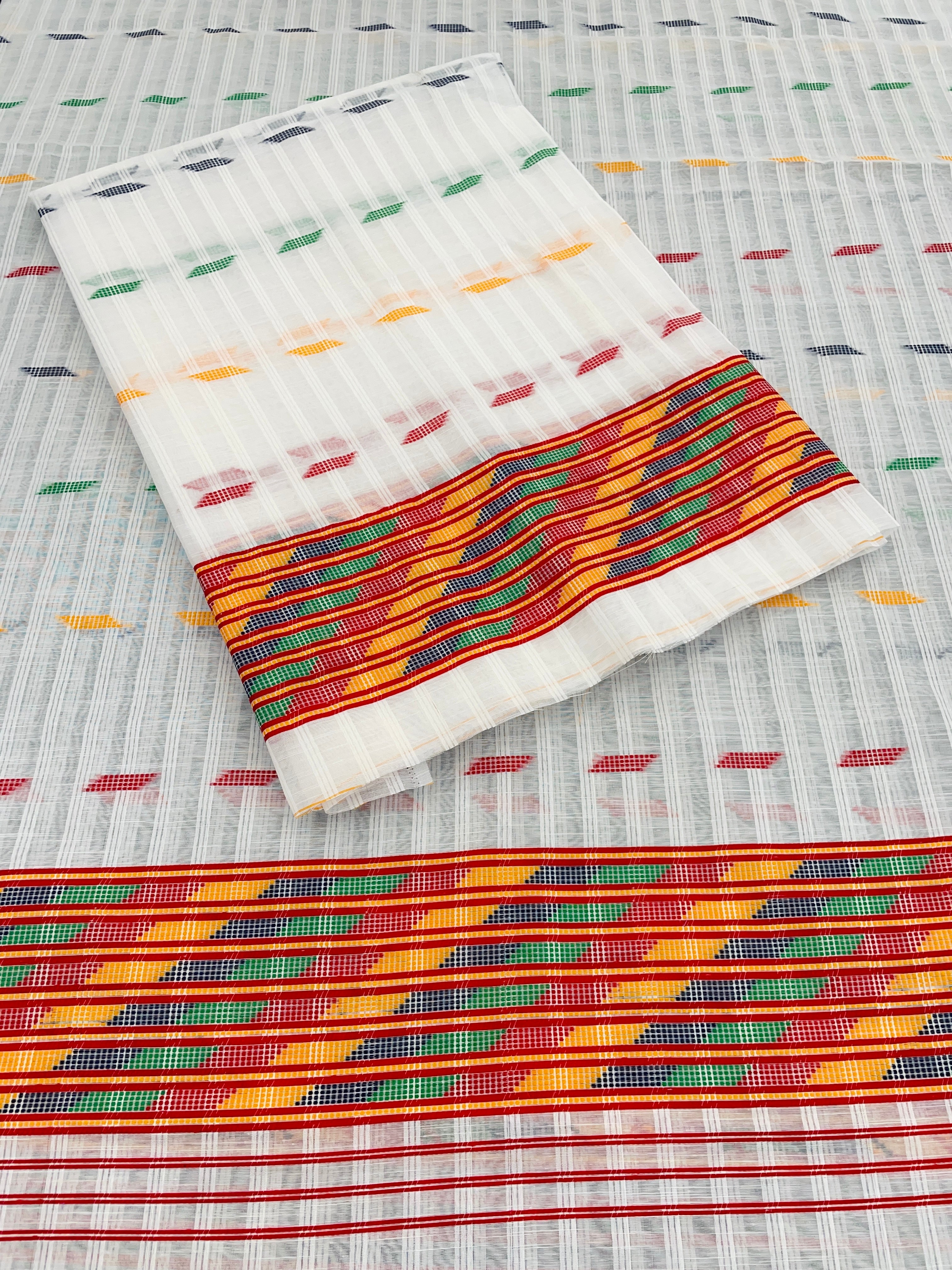 Kesapatt Cotton Slub Mekhela Chador Set – Multicolor Stripe & Gari Diya Work