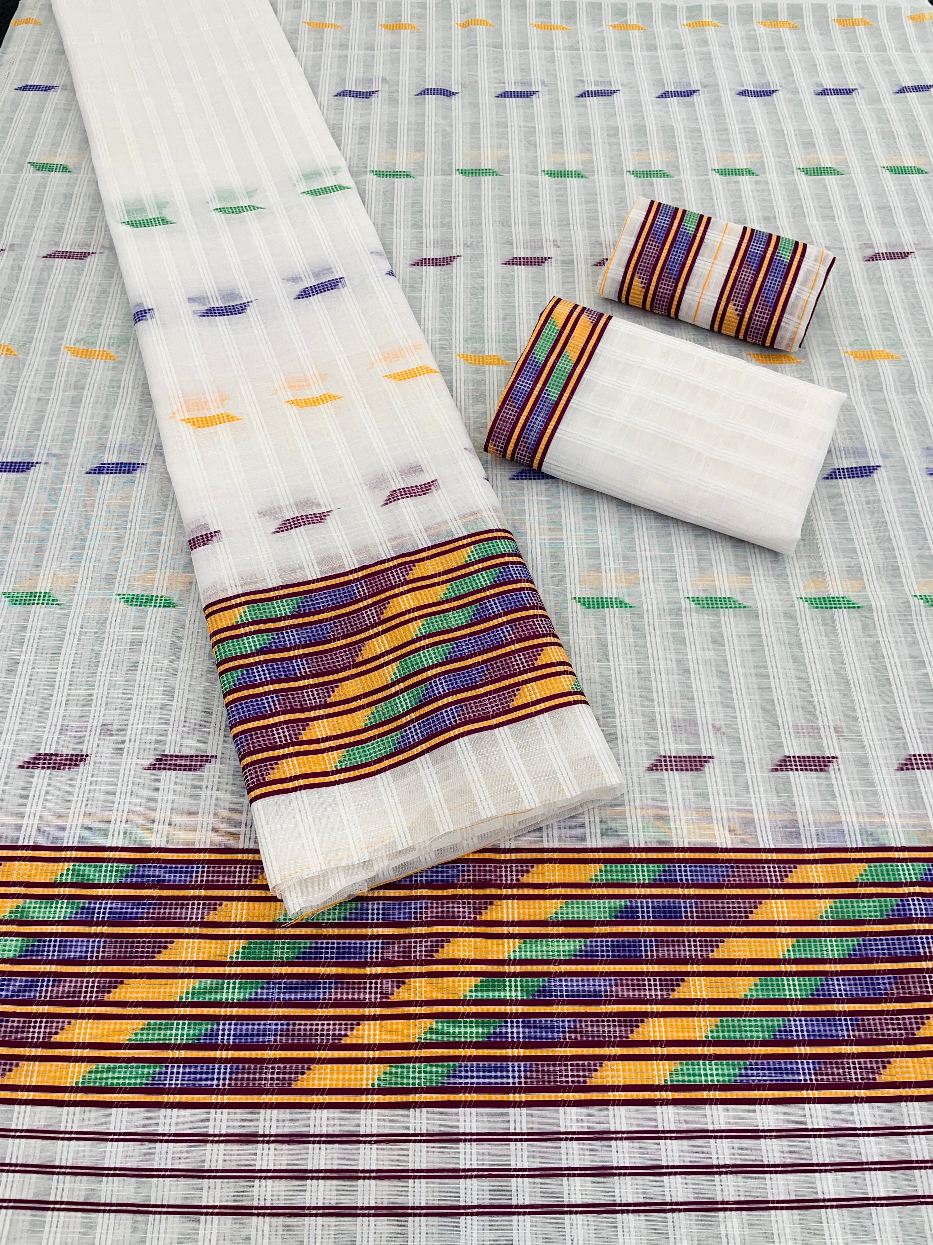 Kesapatt Cotton Slub Mekhela Chador Set – Multicolor Stripe & Gari Diya Work