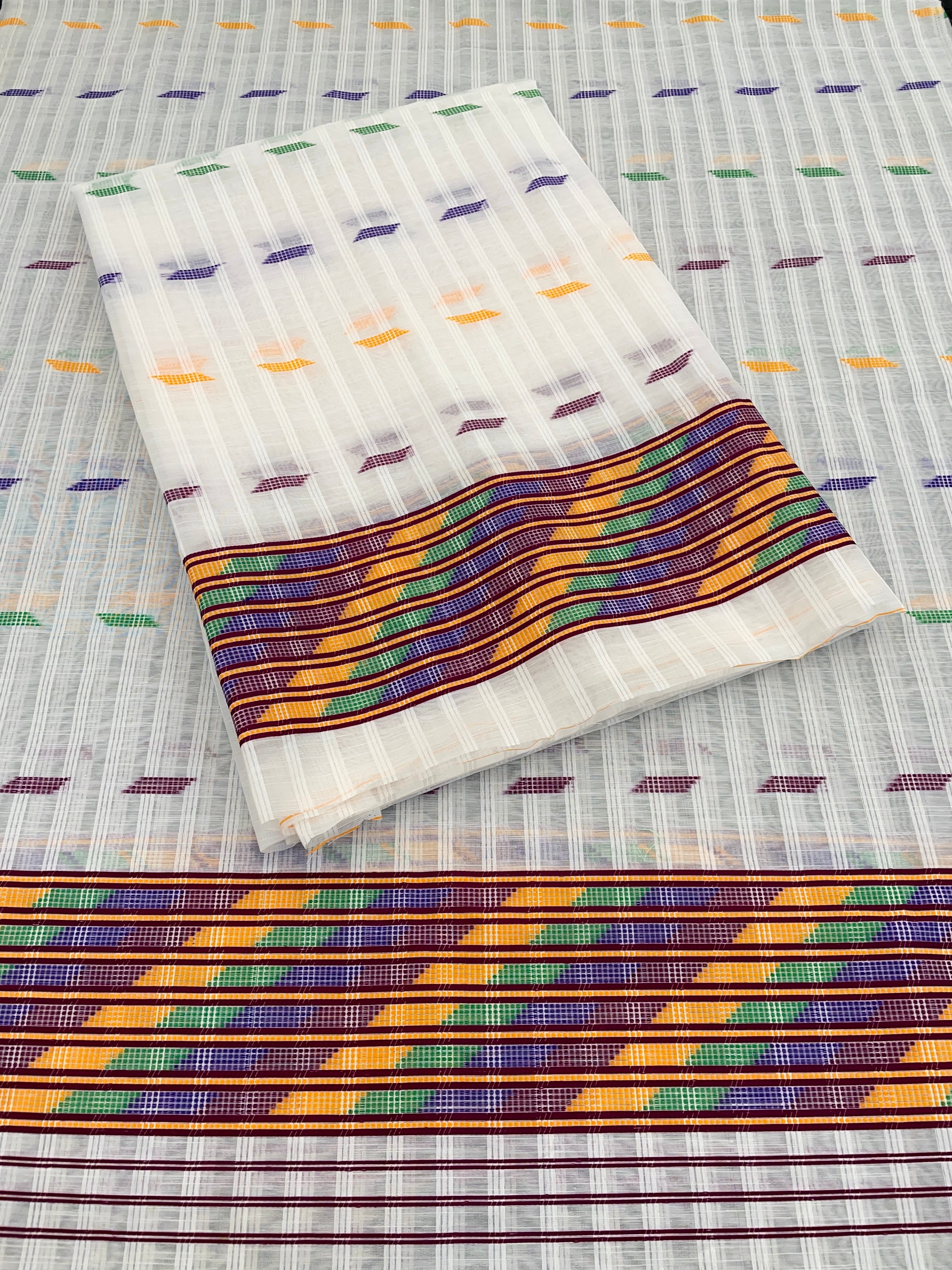 Kesapatt Cotton Slub Mekhela Chador Set – Multicolor Stripe & Gari Diya Work