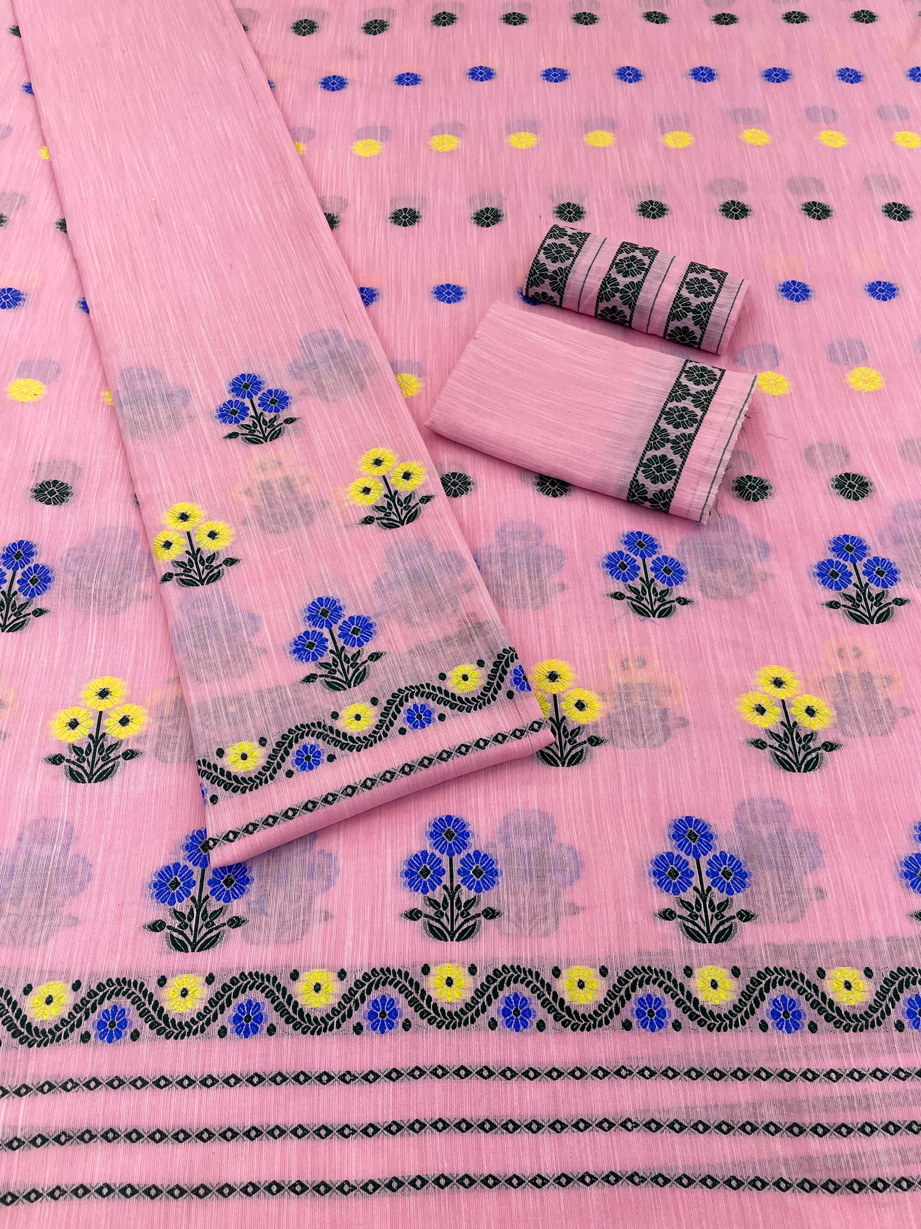Soft Buwa Cotton Assamese Mekhela Chador Set – Pink Woven Design with Floral Motifs & Running Blouse