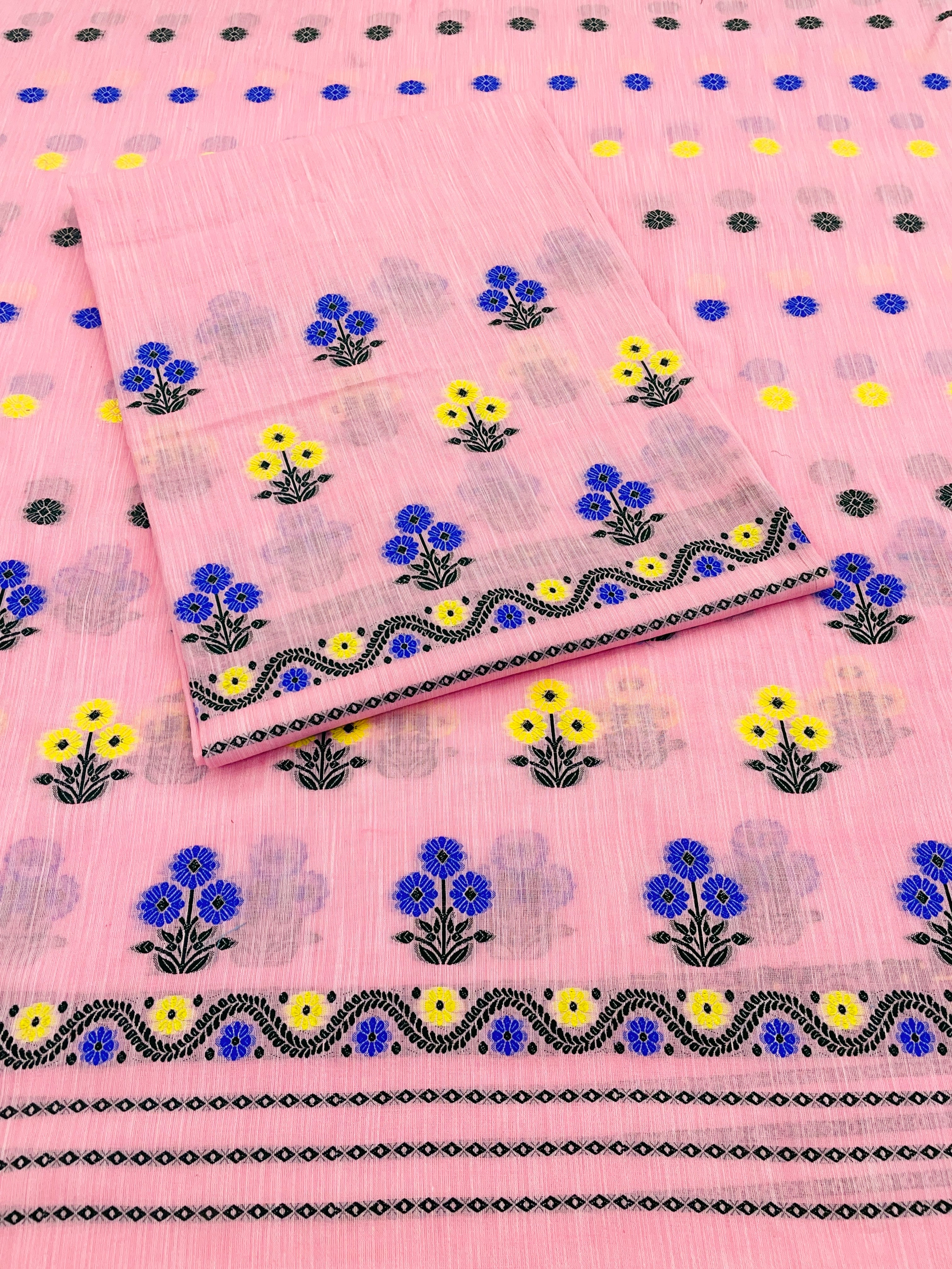 Soft Buwa Cotton Assamese Mekhela Chador Set – Pink Woven Design with Floral Motifs & Running Blouse