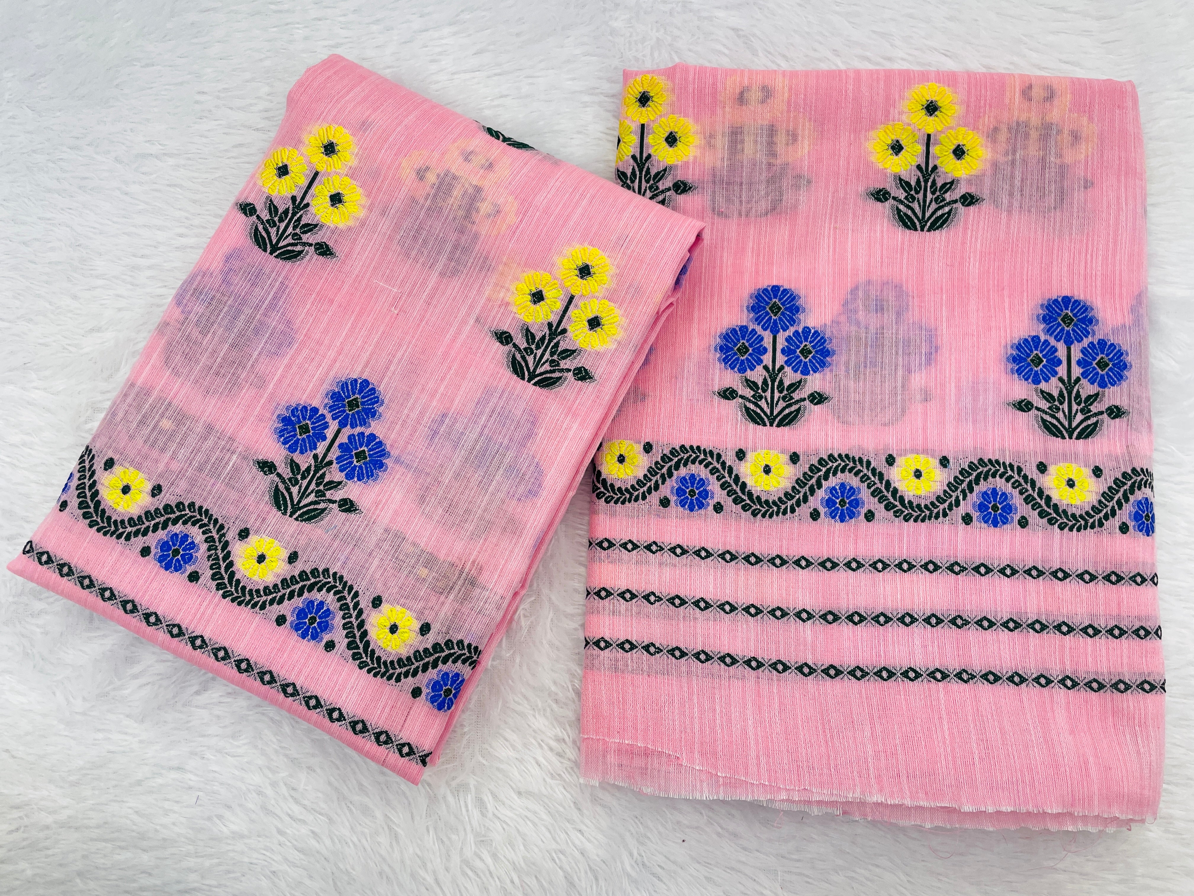 Soft Buwa Cotton Assamese Mekhela Chador Set – Pink Woven Design with Floral Motifs & Running Blouse