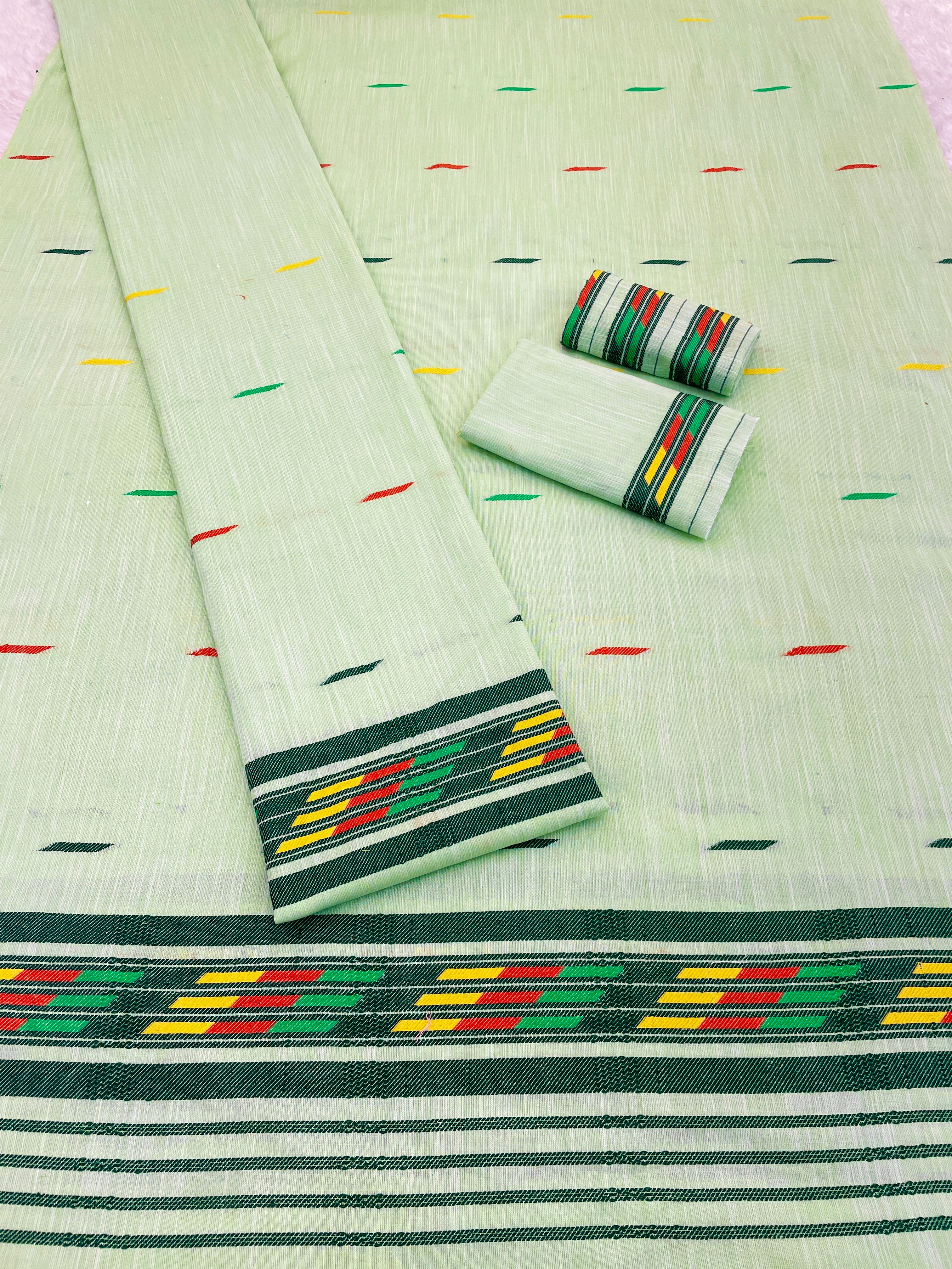Handwoven Buha Cotton Kesapatt Saree in Pink with Multicolor Ikat Motifs and Striped Border