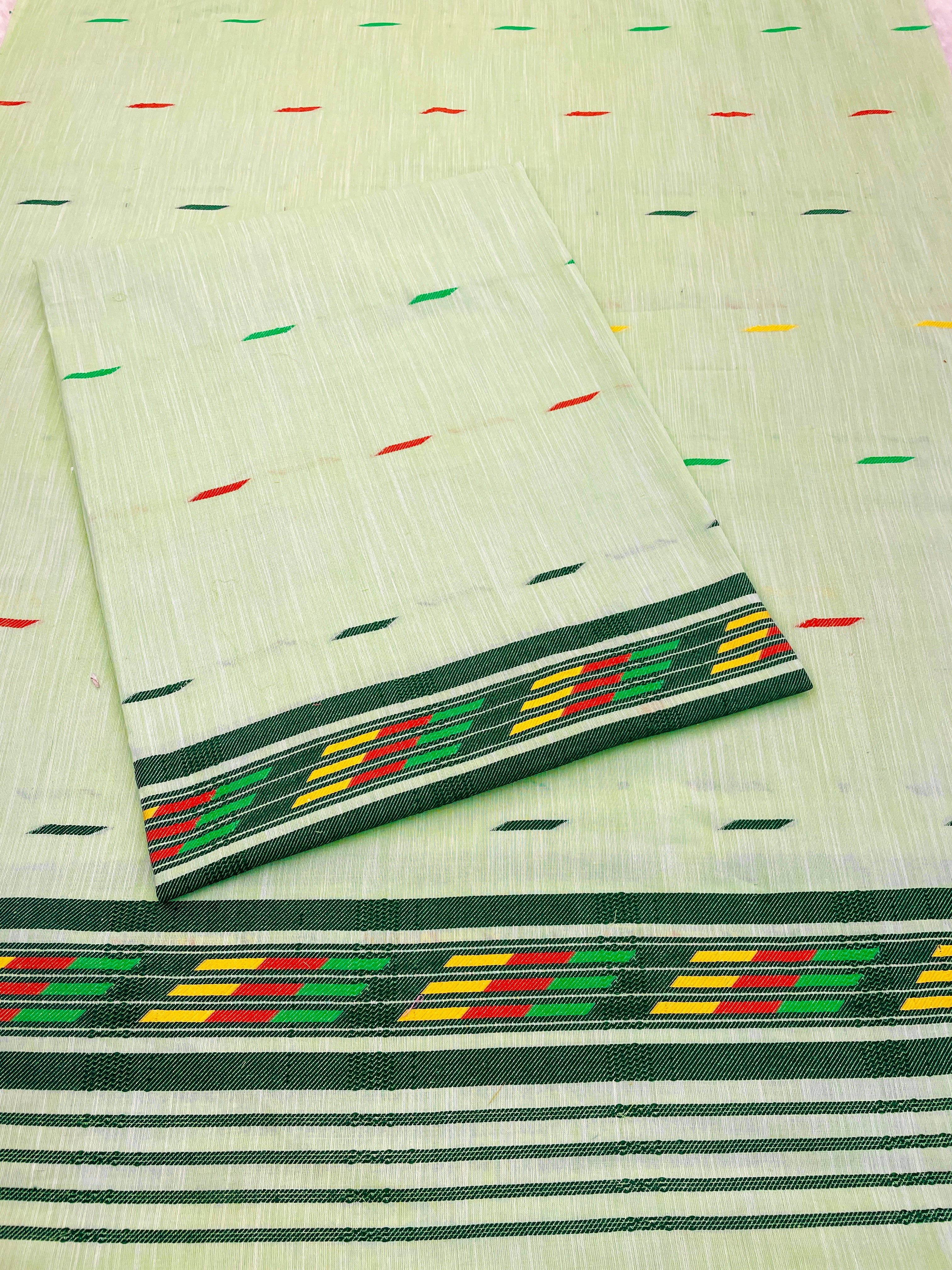 Handwoven Buha Cotton Kesapatt Saree in Pink with Multicolor Ikat Motifs and Striped Border