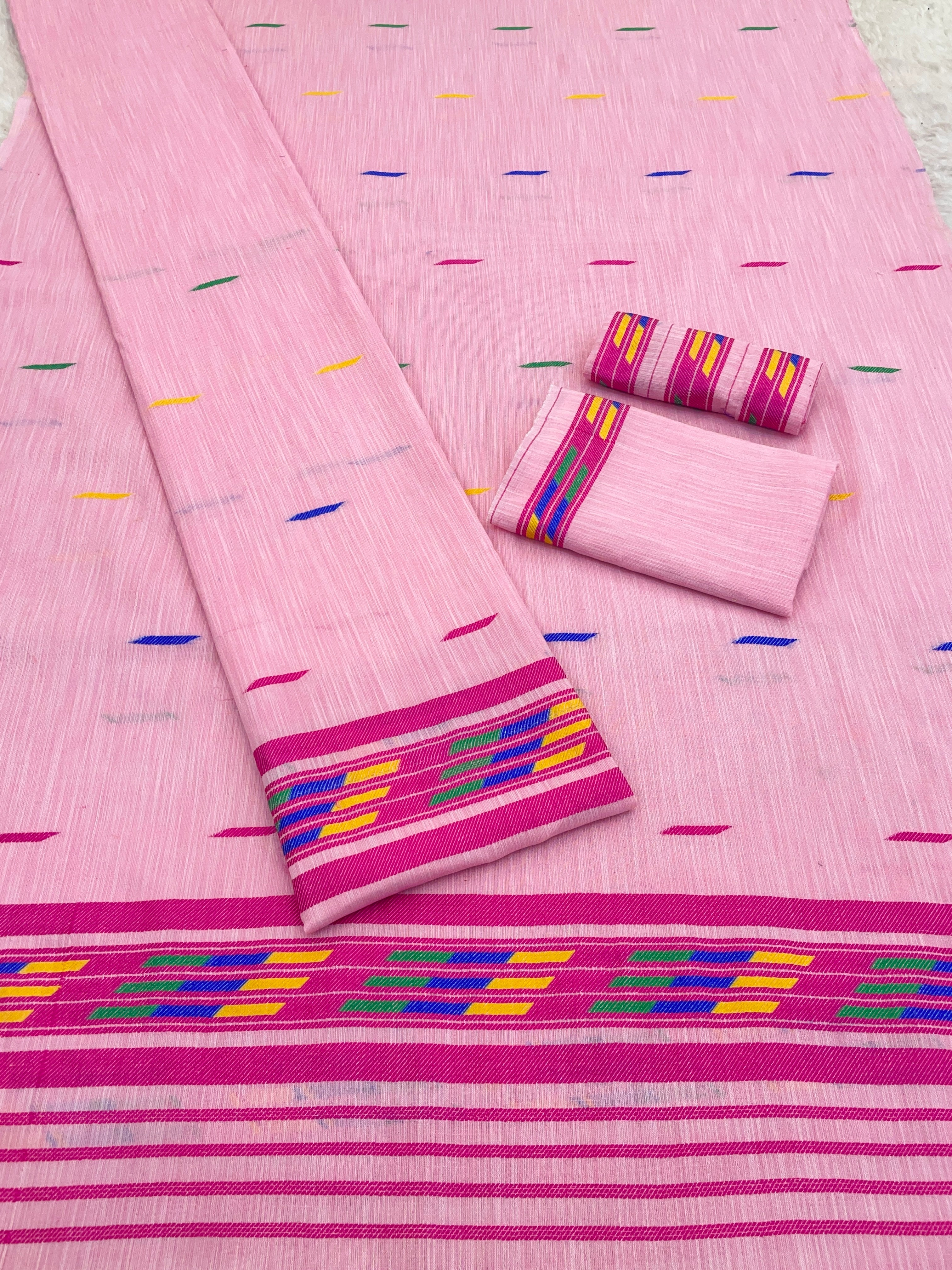 Handwoven Buha Cotton Kesapatt Saree in Pink with Multicolor Ikat Motifs and Striped Border