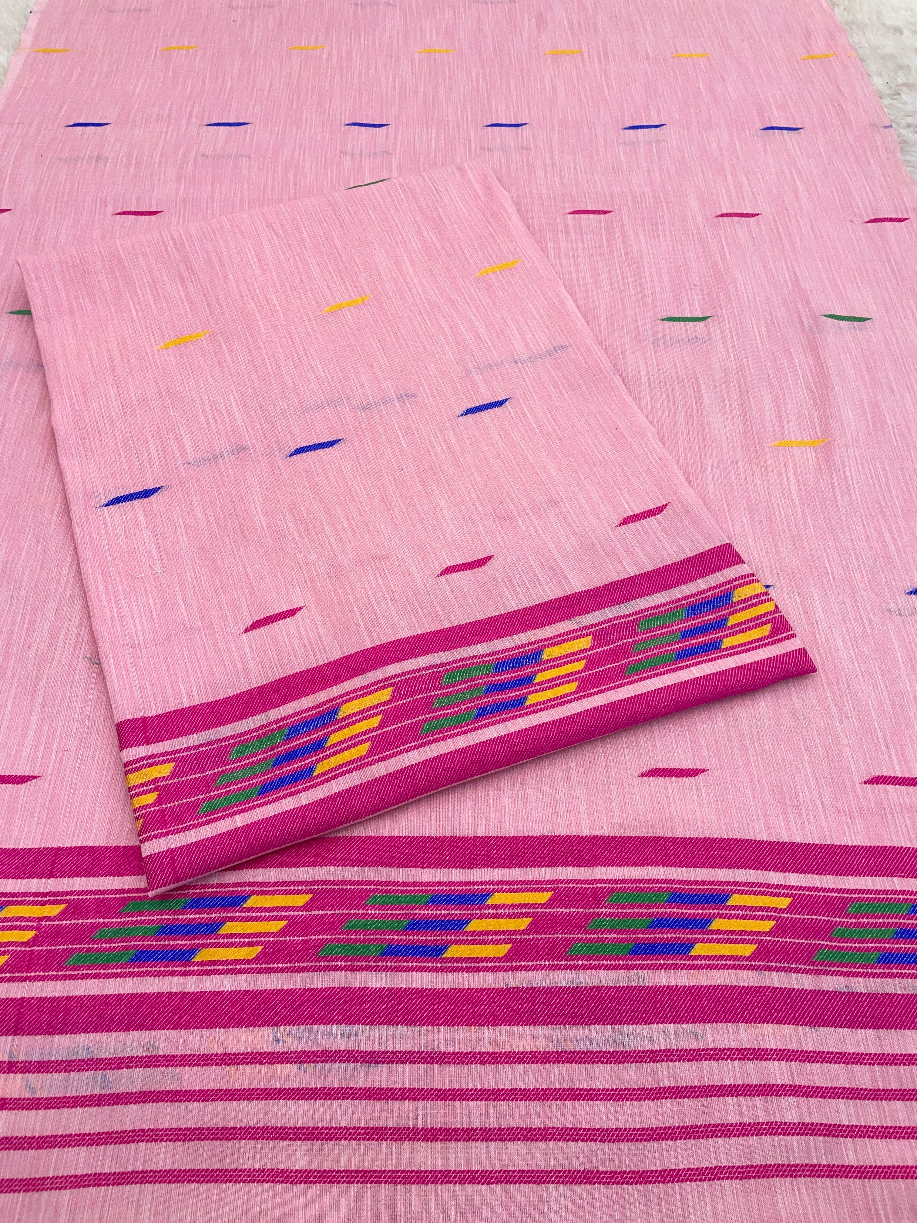 Handwoven Buha Cotton Kesapatt Saree in Pink with Multicolor Ikat Motifs and Striped Border