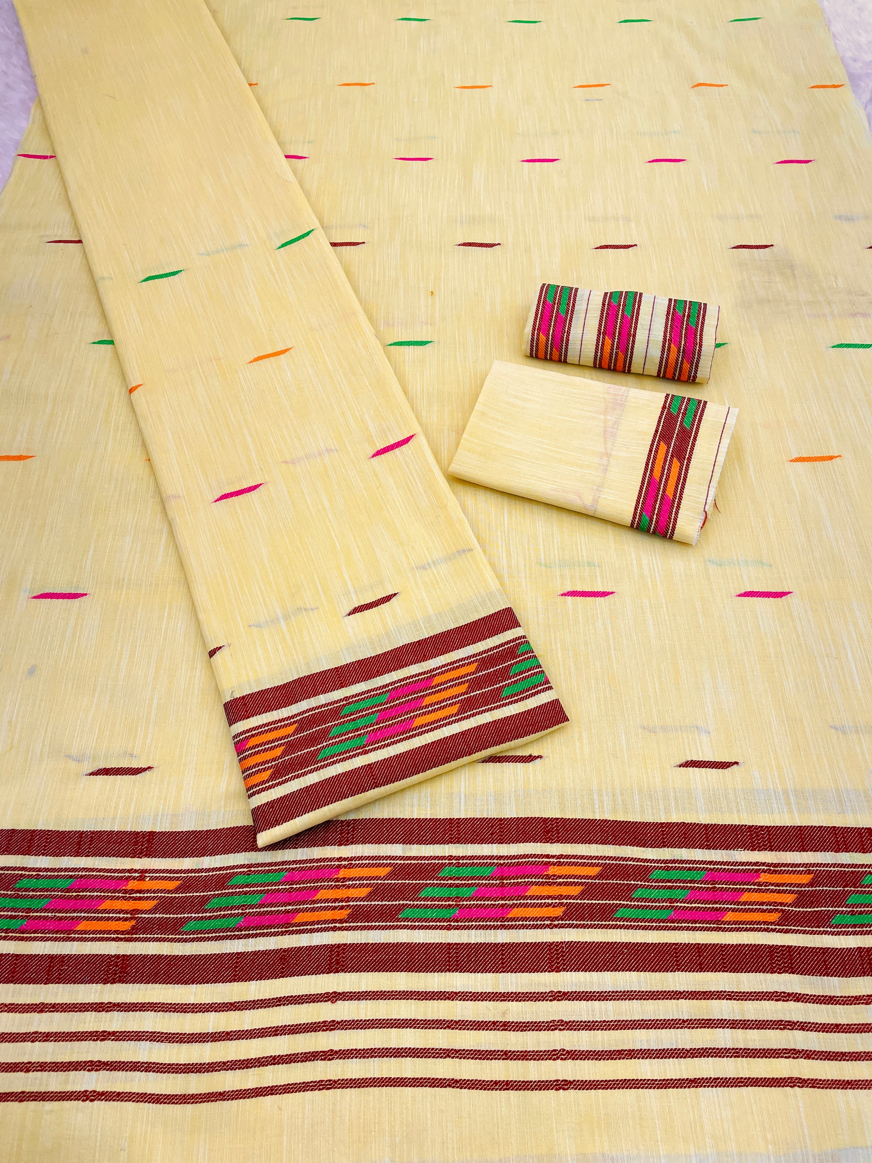 Handwoven Buha Cotton Kesapatt Saree in Pink with Multicolor Ikat Motifs and Striped Border