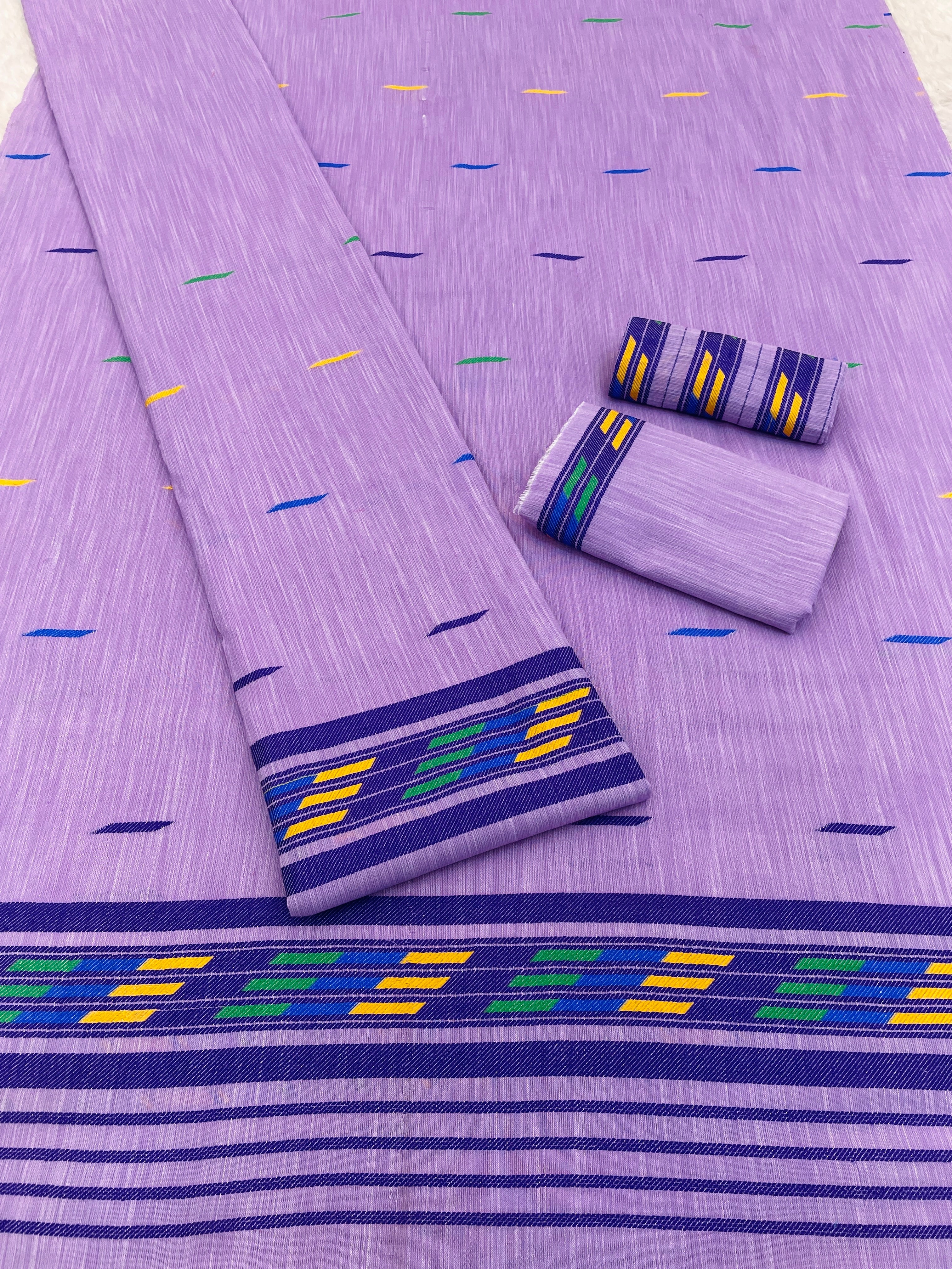 Handwoven Buha Cotton Kesapatt Saree in Pink with Multicolor Ikat Motifs and Striped Border