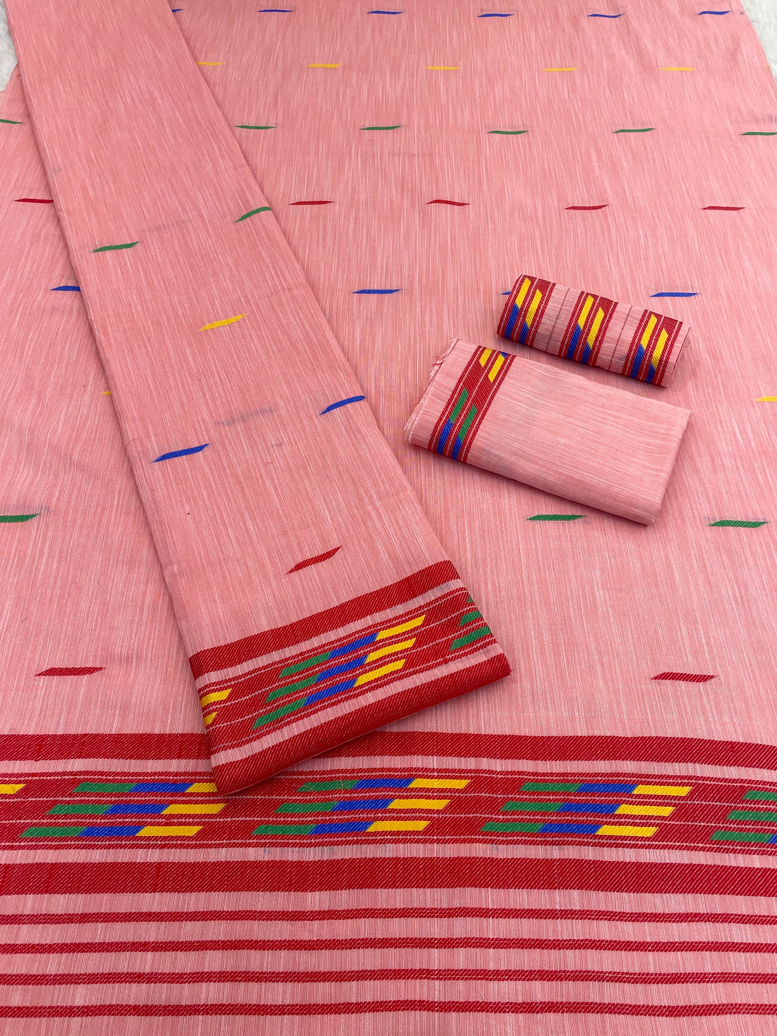 Handwoven Buha Cotton Kesapatt Saree in Pink with Multicolor Ikat Motifs and Striped Border