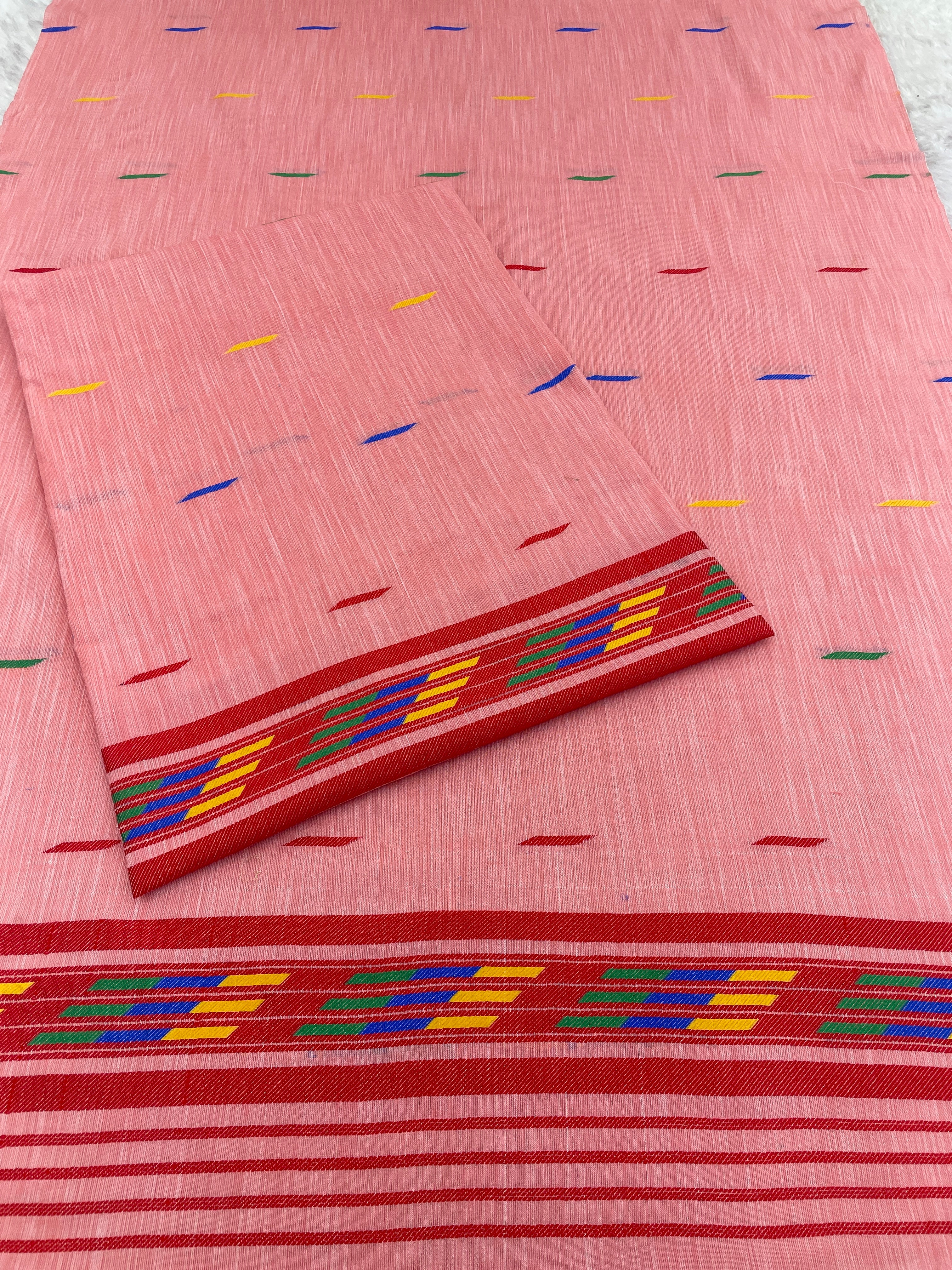 Handwoven Buha Cotton Kesapatt Saree in Pink with Multicolor Ikat Motifs and Striped Border