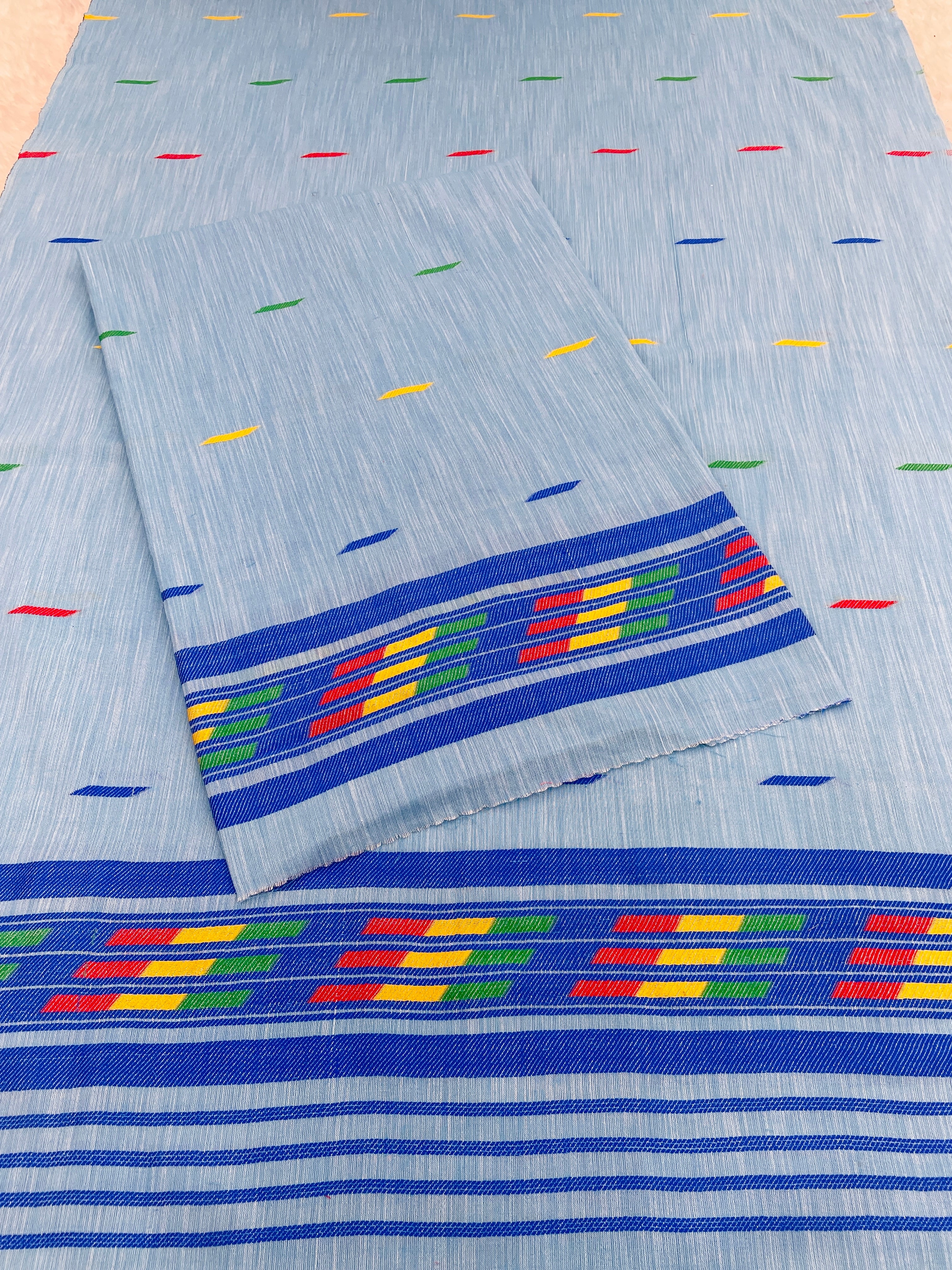 Handwoven Buha Cotton Kesapatt Saree in Pink with Multicolor Ikat Motifs and Striped Border