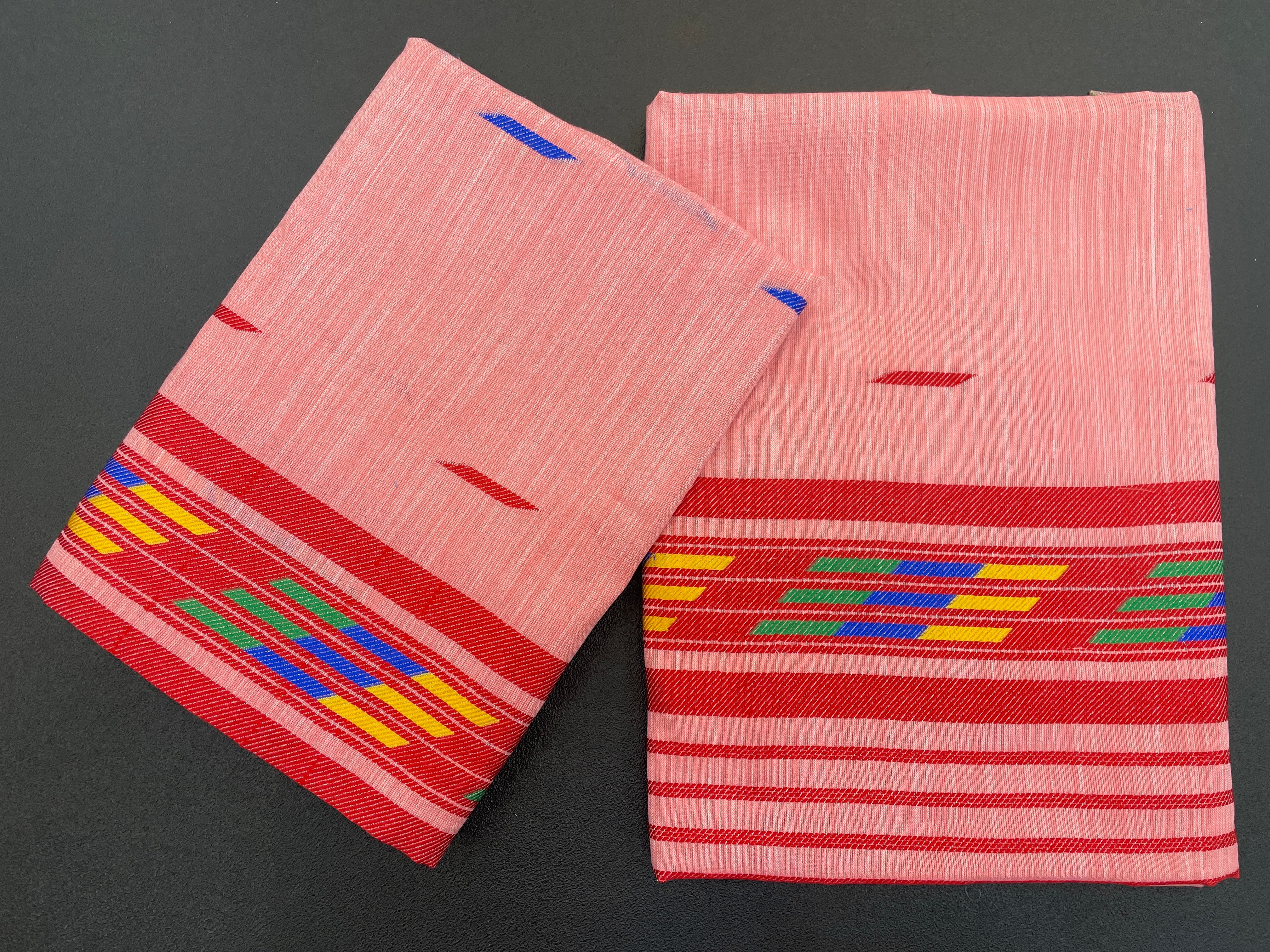 Handwoven Buha Cotton Kesapatt Saree in Pink with Multicolor Ikat Motifs and Striped Border