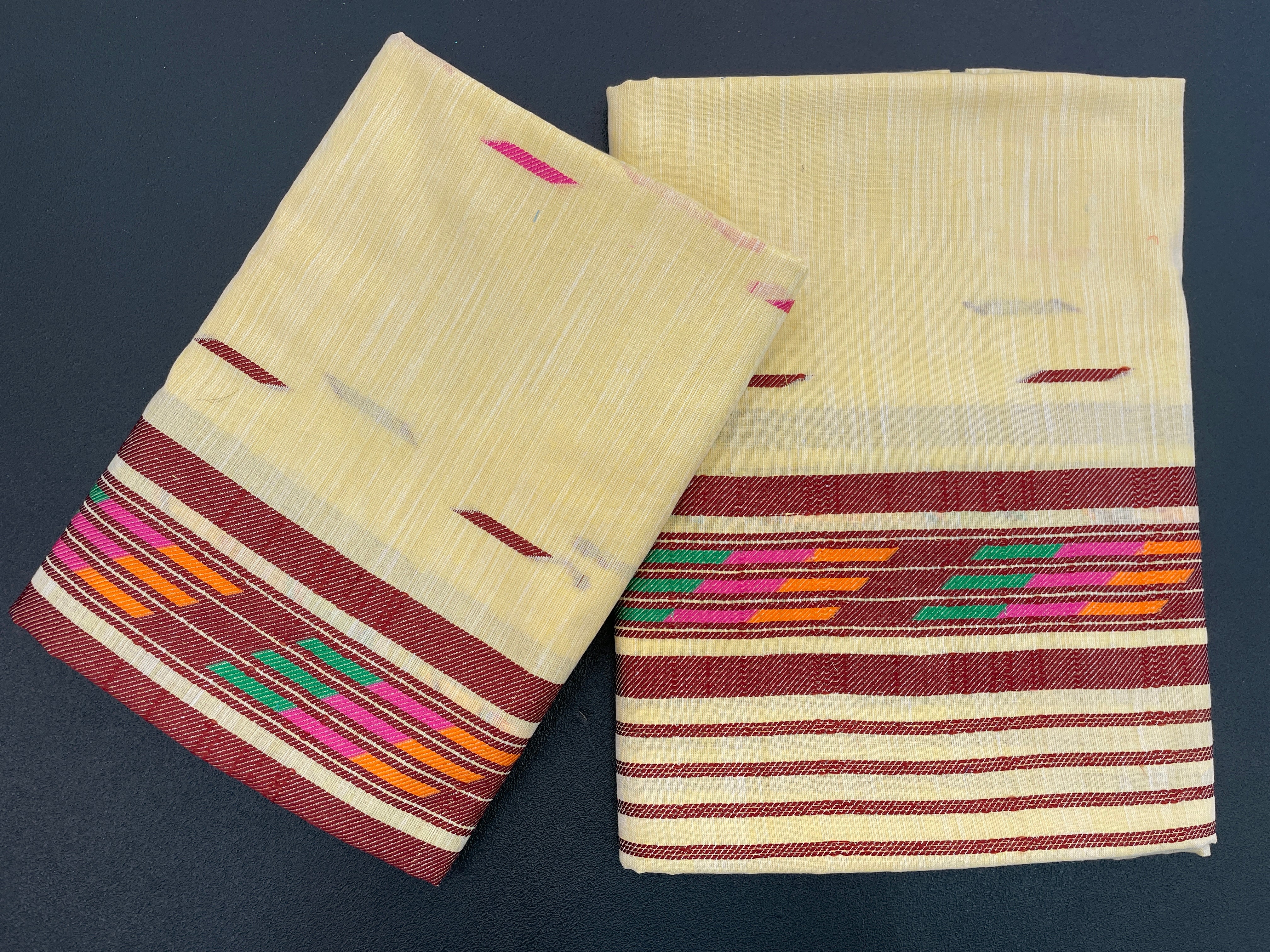 Handwoven Buha Cotton Kesapatt Saree in Pink with Multicolor Ikat Motifs and Striped Border