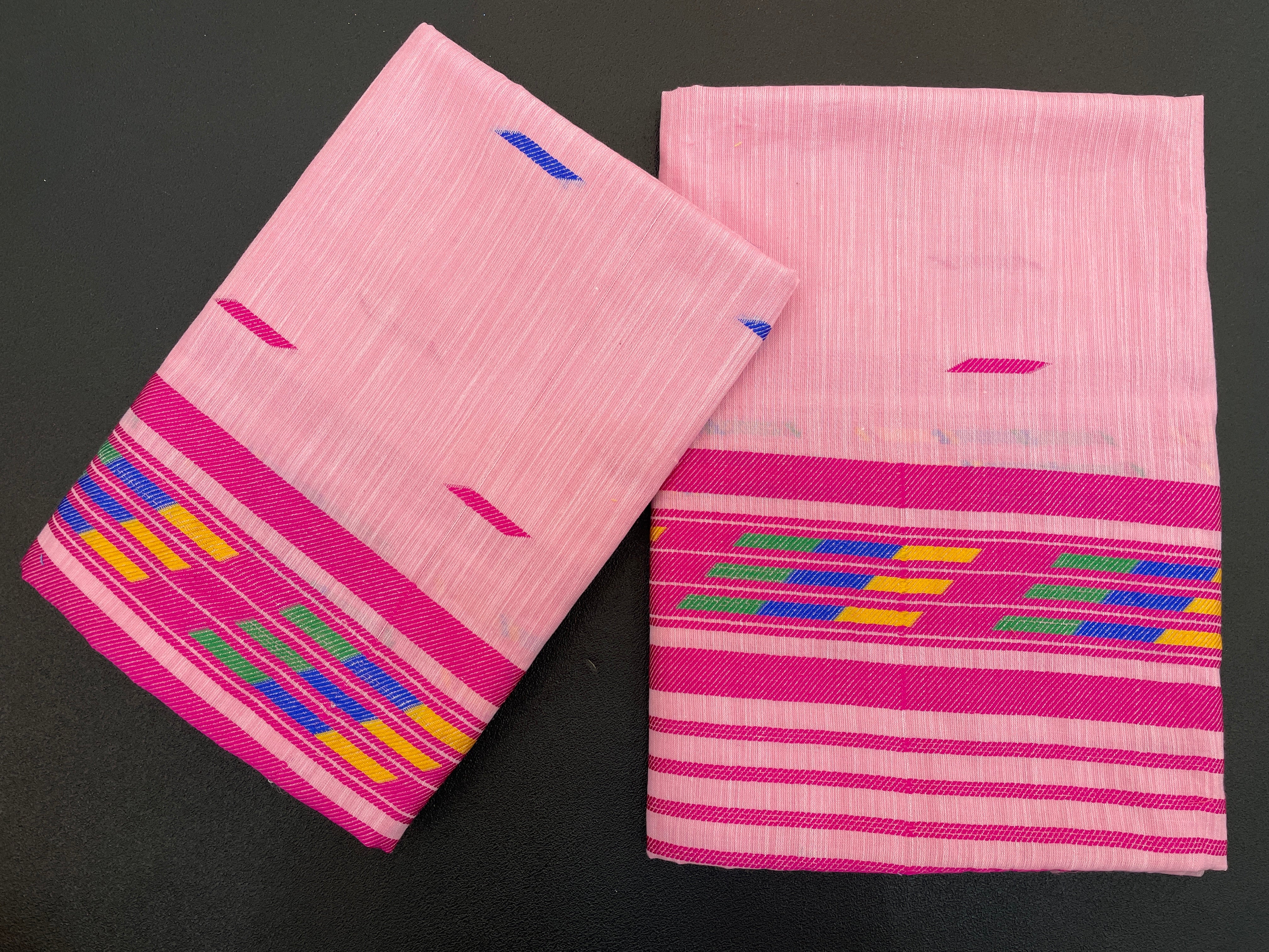 Handwoven Buha Cotton Kesapatt Saree in Pink with Multicolor Ikat Motifs and Striped Border
