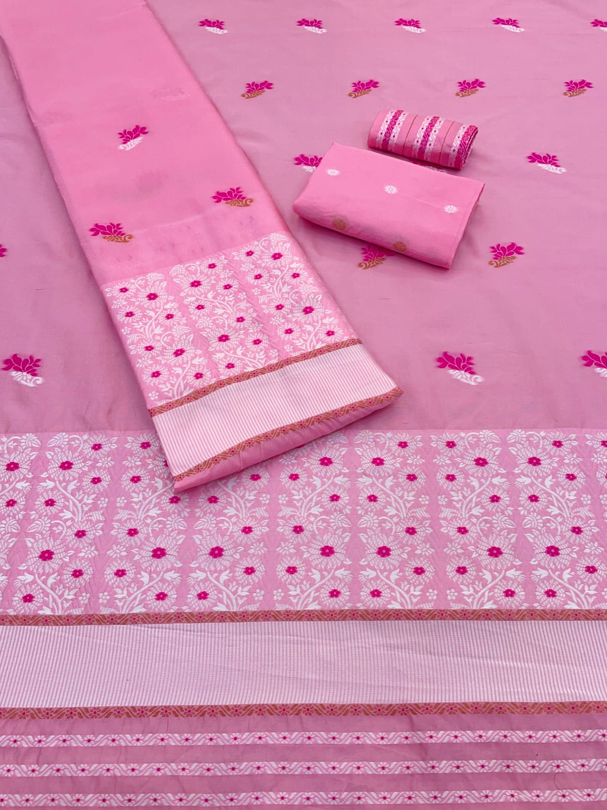 Mixpat Pink Poly Silk Assamese Mekhela Chador Set – Elegant Floral Woven Design