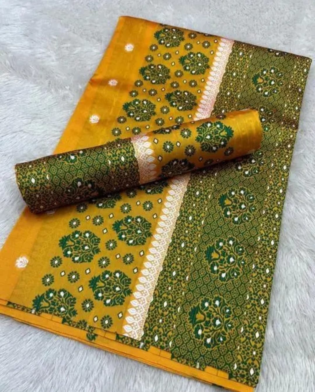 Mustard Green Woven Poly Silk Mekhela Chador with Running Blouse – Assamese Traditional Set