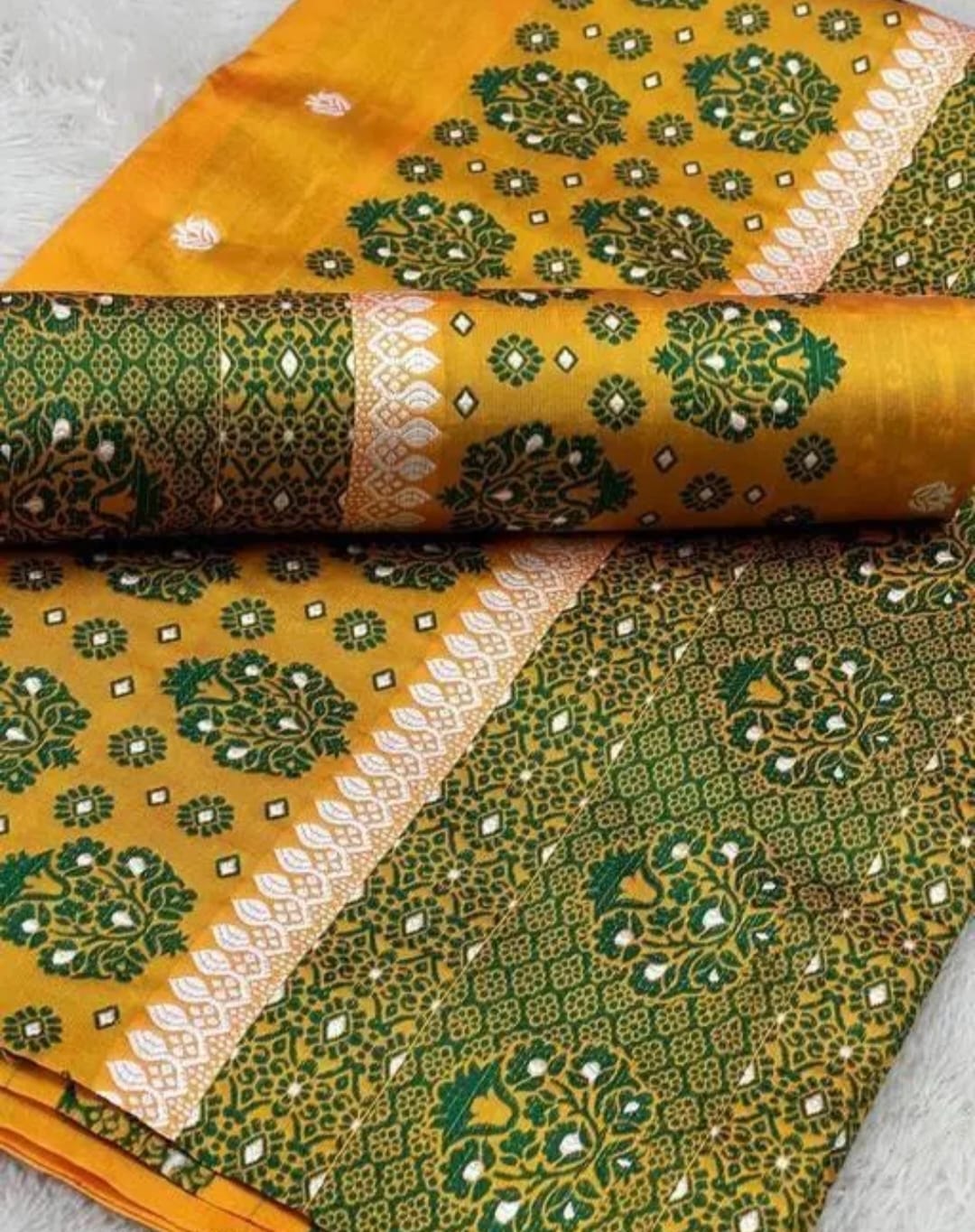 Mustard Green Woven Poly Silk Mekhela Chador with Running Blouse – Assamese Traditional Set
