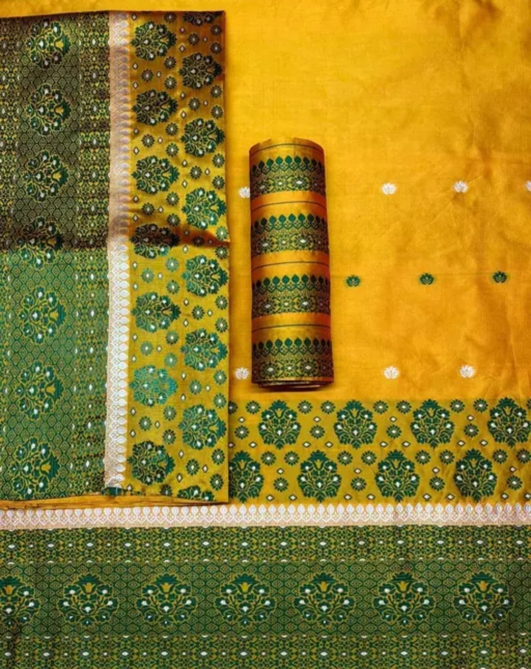 Mustard Green Woven Poly Silk Mekhela Chador with Running Blouse – Assamese Traditional Set