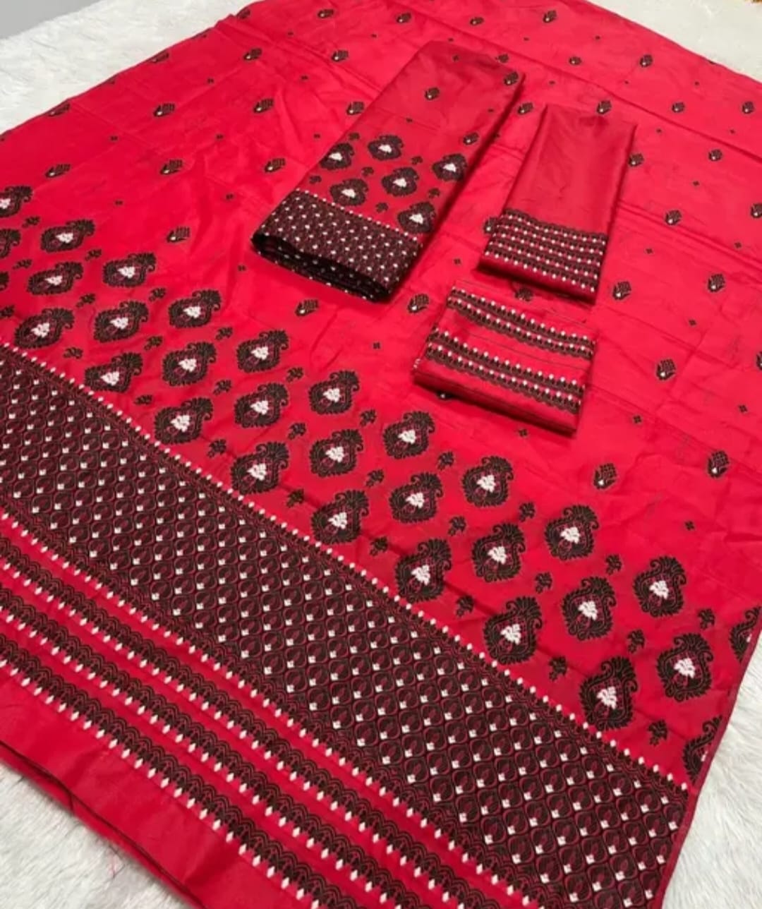 Mixpaat Assamese Poly Silk Mekhela Chador Set – Elegant Printed Traditional Wear