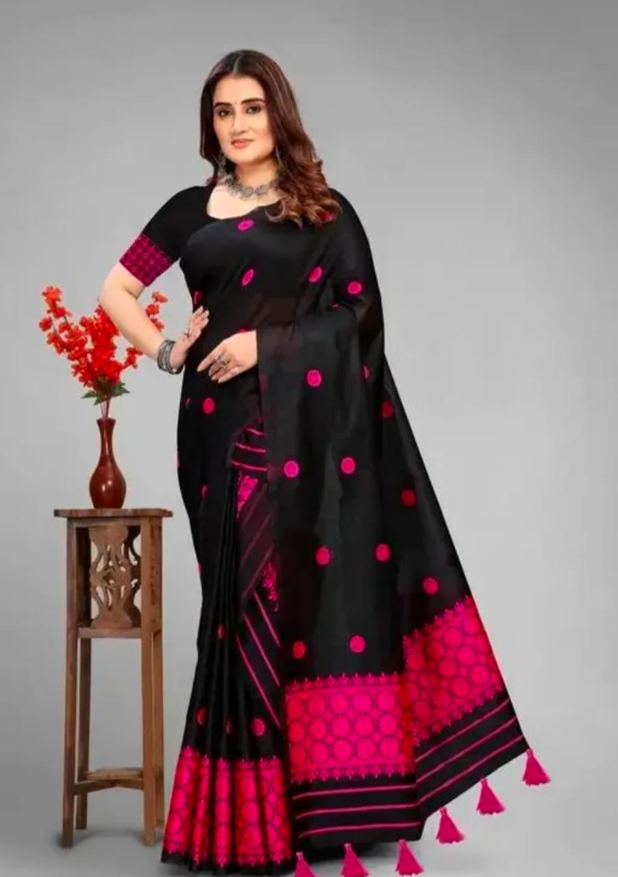 Assamese Mekhela Chador Set – Black & Pink AC Cotton with Embroidery