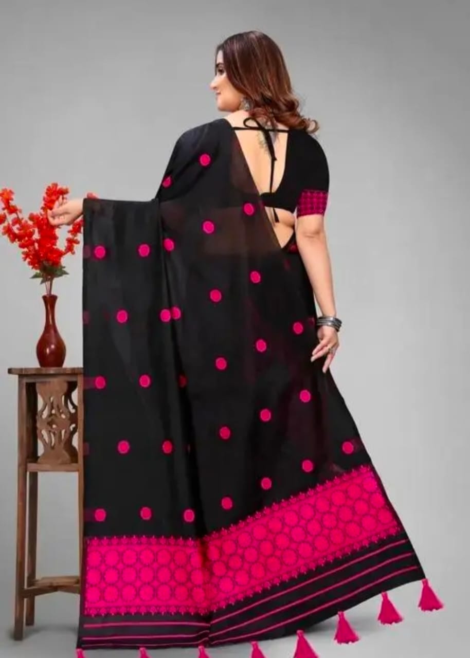 Assamese Mekhela Chador Set – Black & Pink AC Cotton with Embroidery