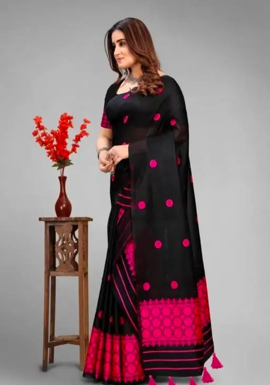 Assamese Mekhela Chador Set – Black & Pink AC Cotton with Embroidery