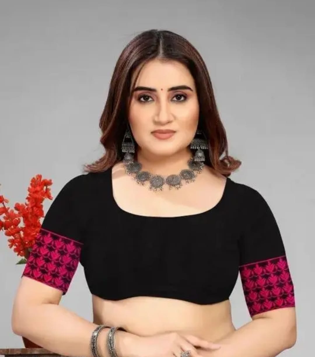 Assamese Mekhela Chador Set – Black & Pink AC Cotton with Embroidery