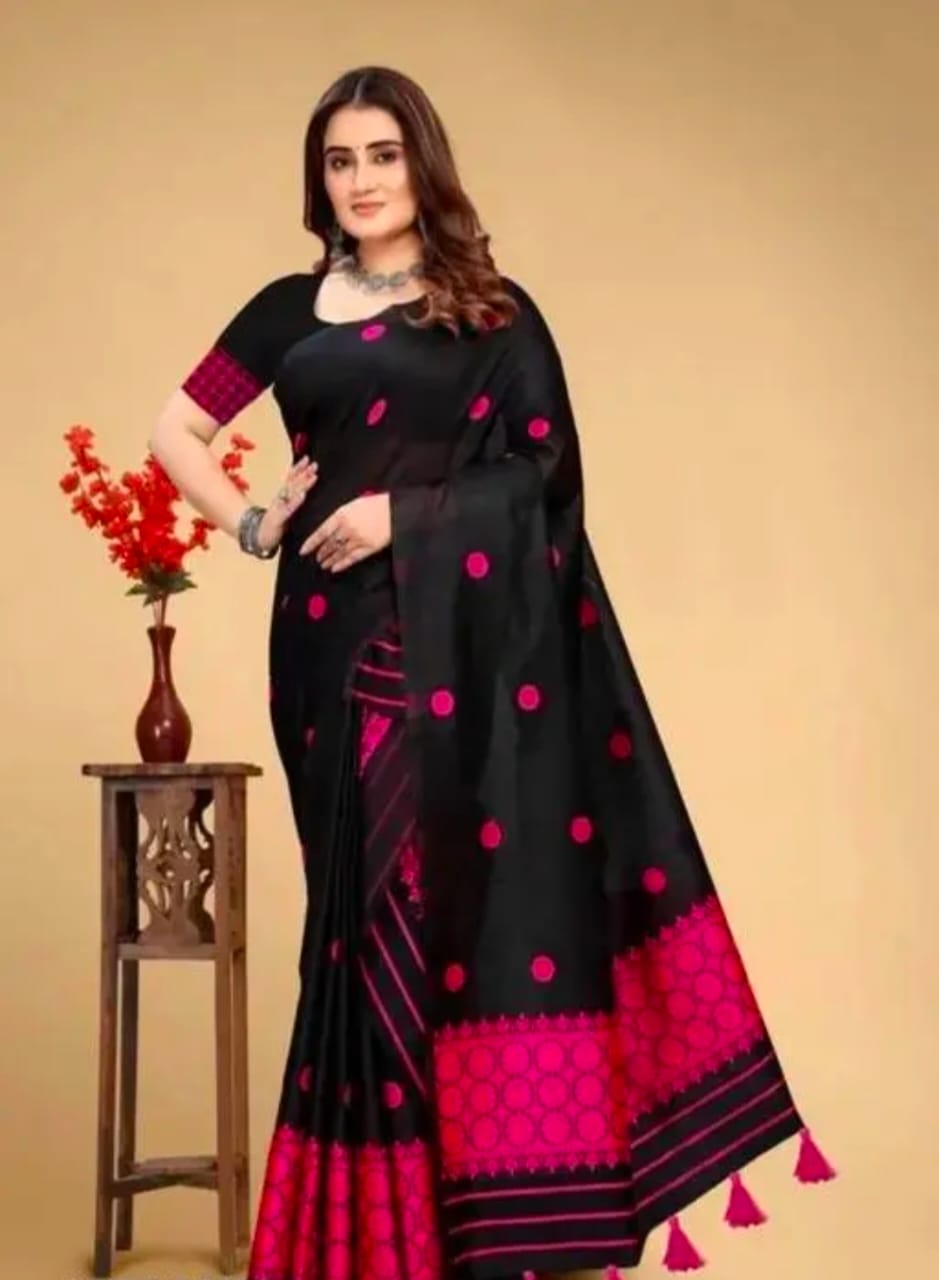 Assamese Mekhela Chador Set – Black & Pink AC Cotton with Embroidery