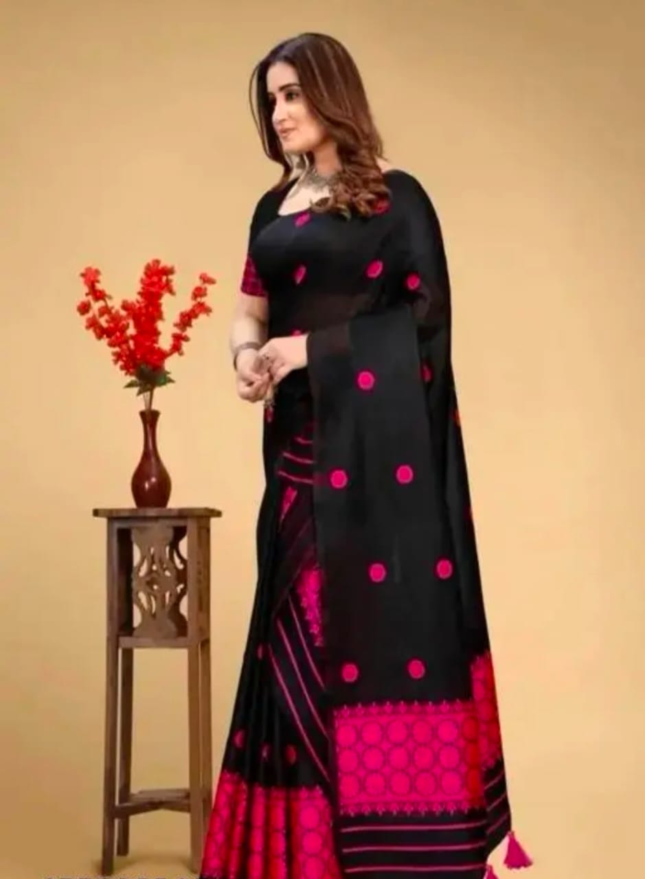 Assamese Mekhela Chador Set – Black & Pink AC Cotton with Embroidery