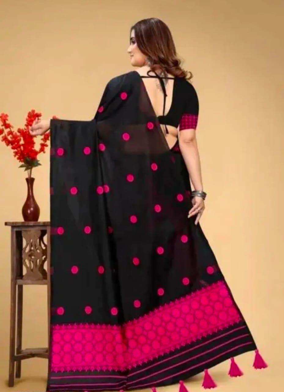 Assamese Mekhela Chador Set – Black & Pink AC Cotton with Embroidery