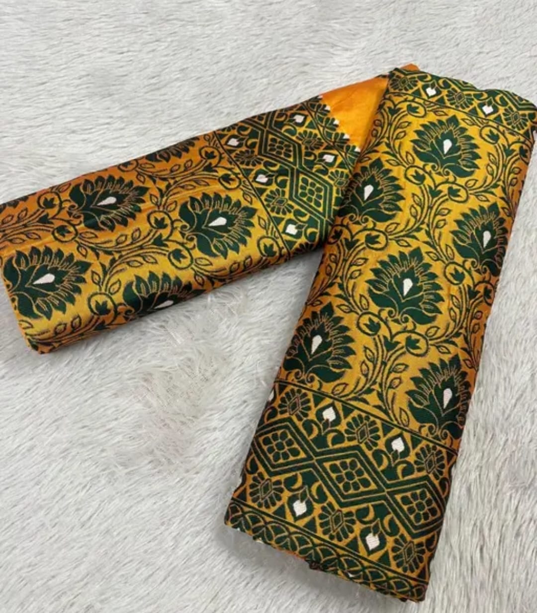 Mustard Printed Mix Poly Paat Mekhela Chador Set with Blouse – Assamese Traditional Wear