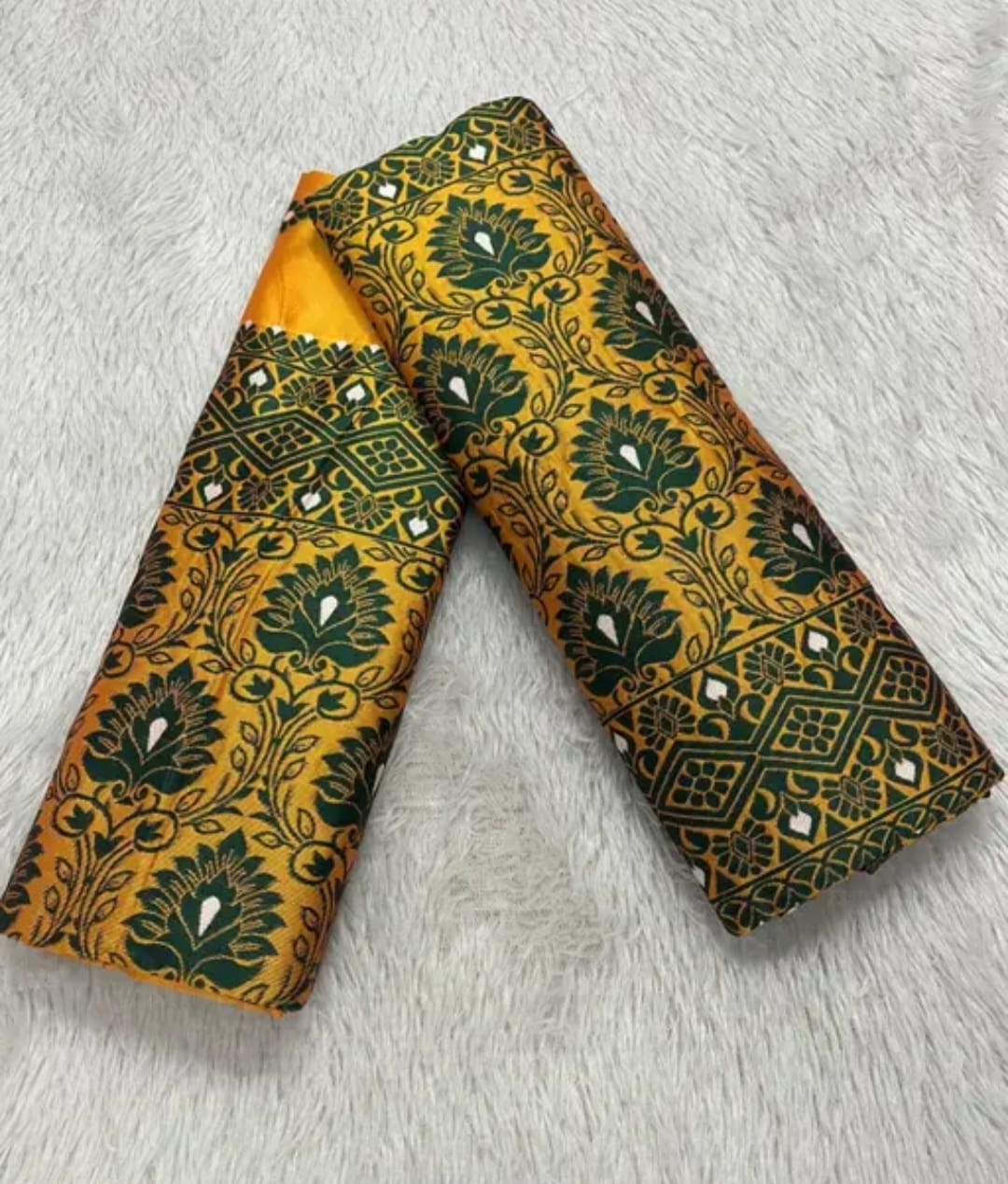 Mustard Printed Mix Poly Paat Mekhela Chador Set with Blouse – Assamese Traditional Wear