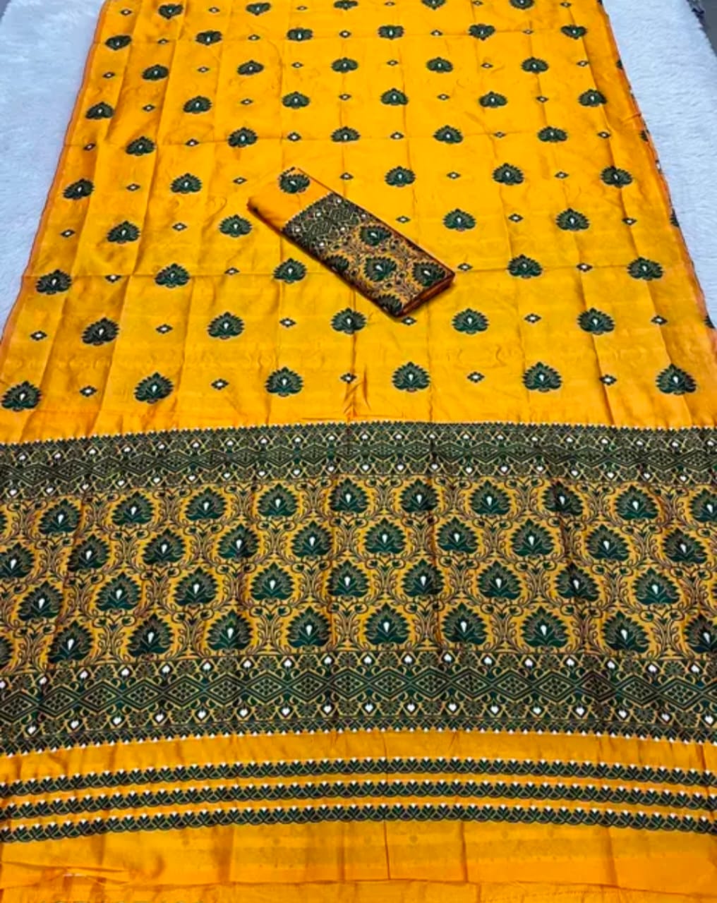 Mustard Printed Mix Poly Paat Mekhela Chador Set with Blouse – Assamese Traditional Wear