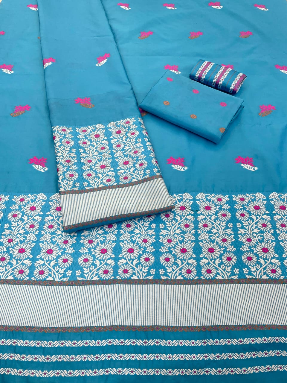 Mixpat Pink Poly Silk Assamese Mekhela Chador Set – Elegant Floral Woven Design