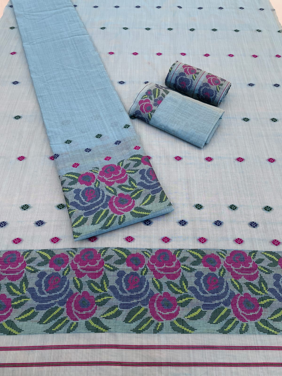 Toss Dyed Cotton Mekhela Chador Set – Woven Floral Assamese Traditional Wear