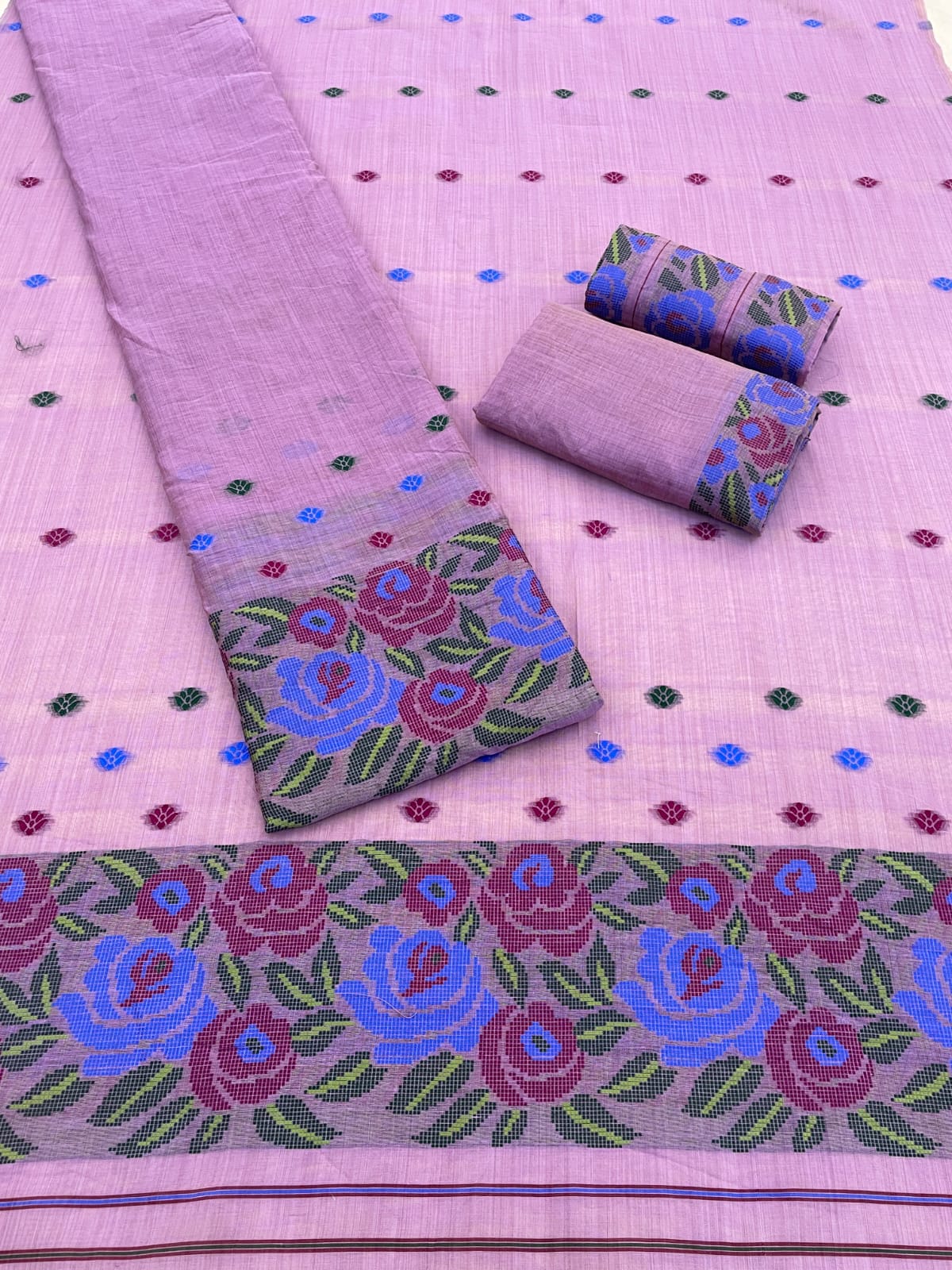 Toss Dyed Cotton Mekhela Chador Set – Woven Floral Assamese Traditional Wear