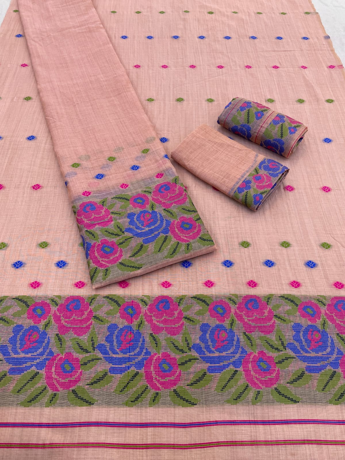 Toss Dyed Cotton Mekhela Chador Set – Woven Floral Assamese Traditional Wear